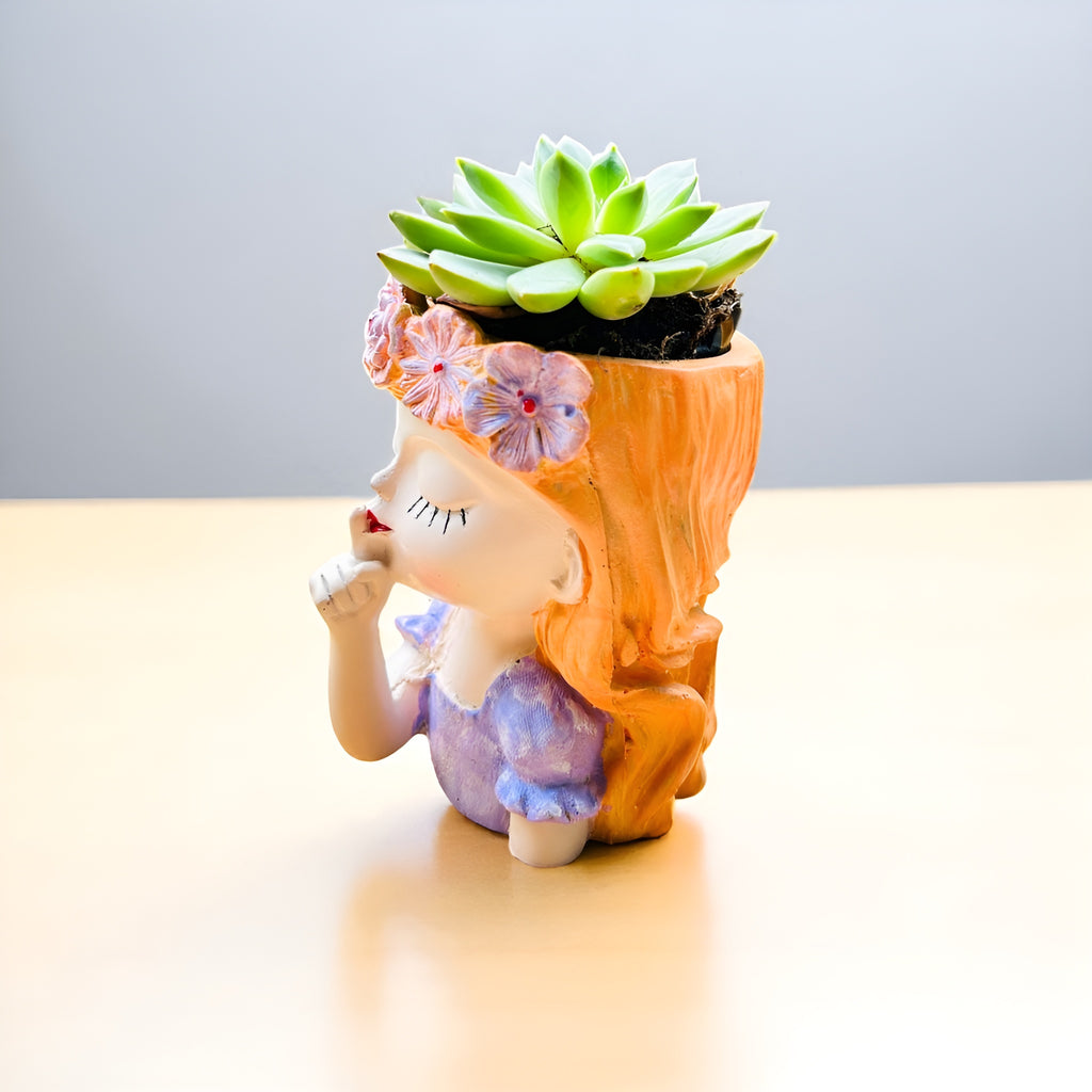 Whispering Blossom Girl Table Planter with Floral Crown