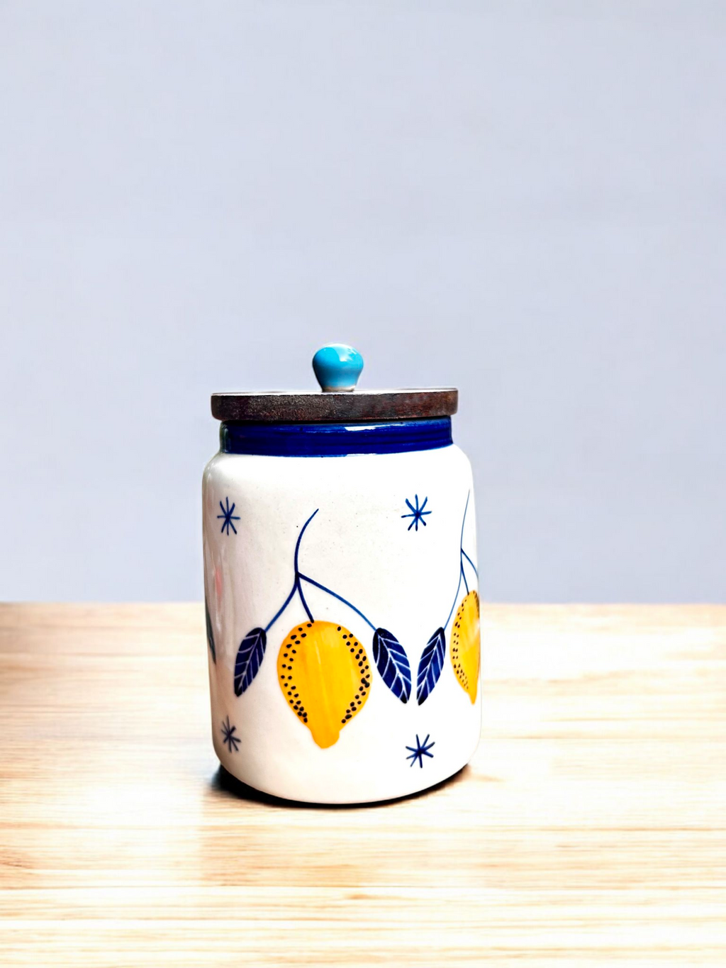 Lemon Motif Ceramic Jar with Wooden Lid – Plastic-Free Pantry Storage 1000 ML