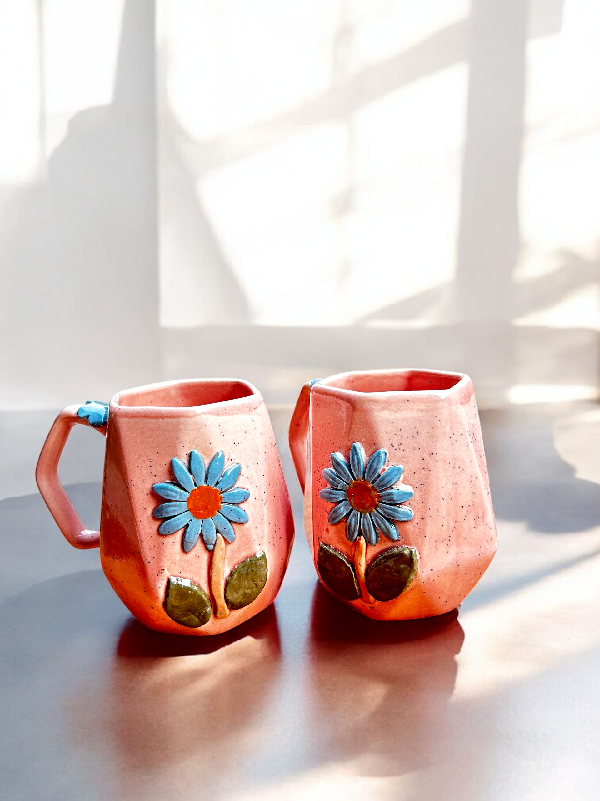 Handcrafted Pink Daisy Ceramic Mug (2Pc.)
