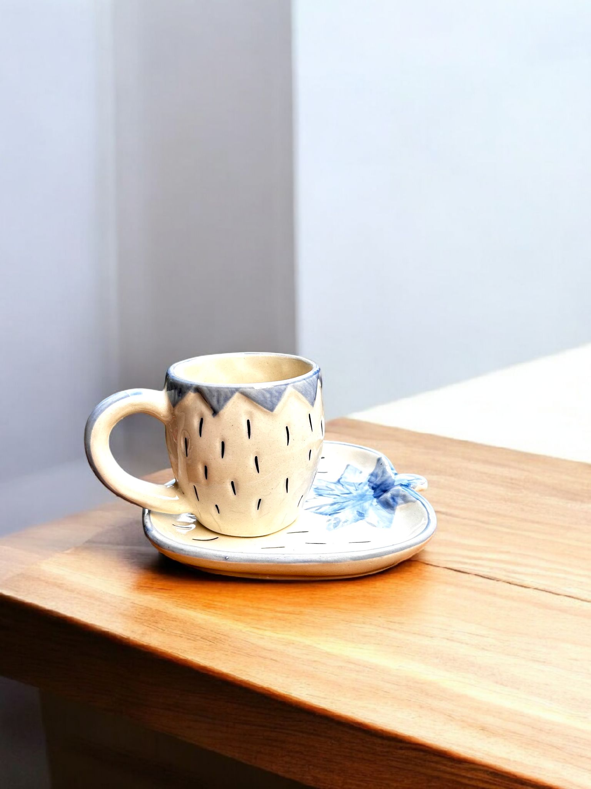 Strawberry Shaped Arctic Bloom Mug & Saucer Set — Handcrafted Ceramic Set