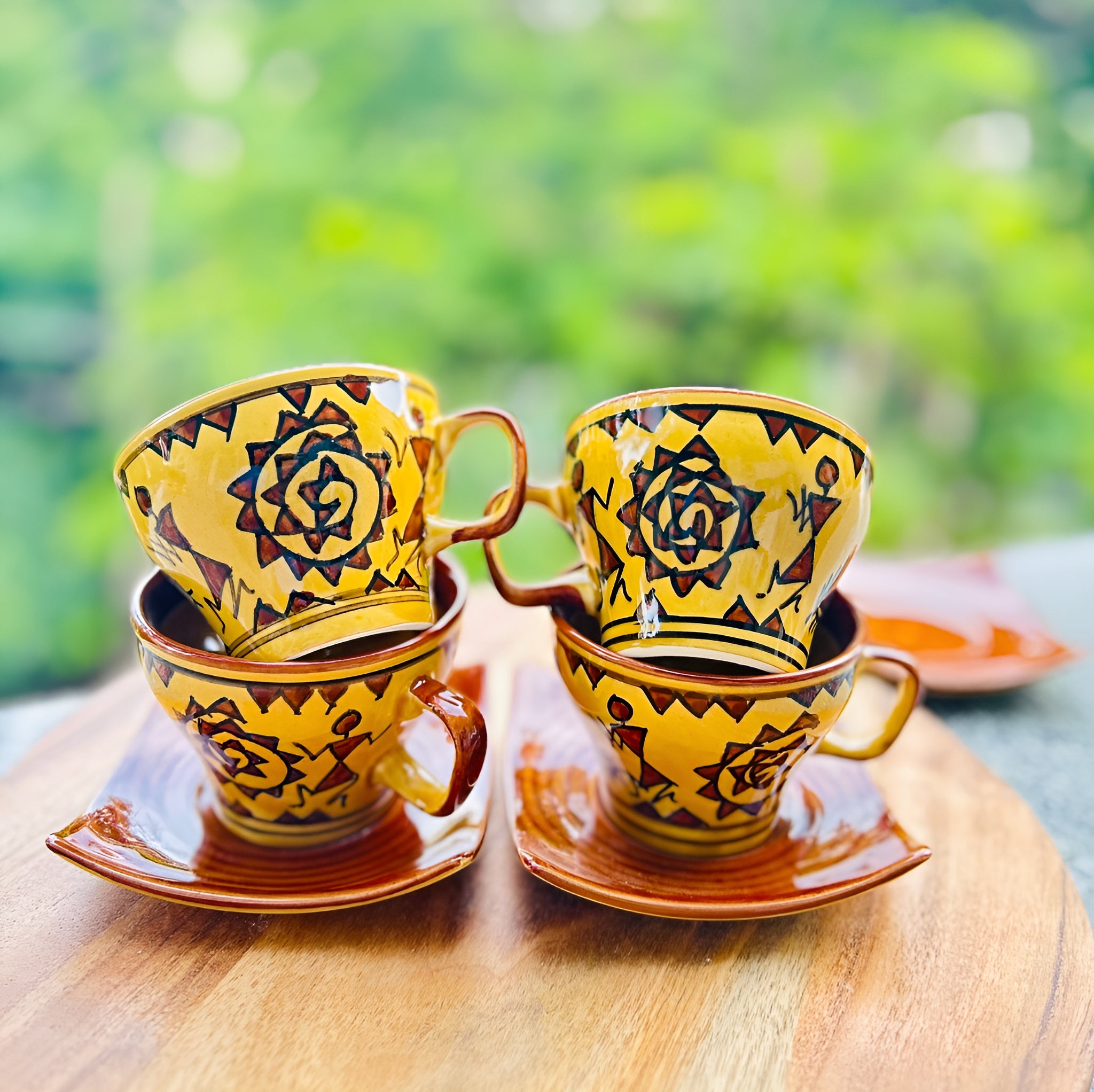 Warli Art Ceramic Tea/Coffee Cup Saucer Set (8 pieces)