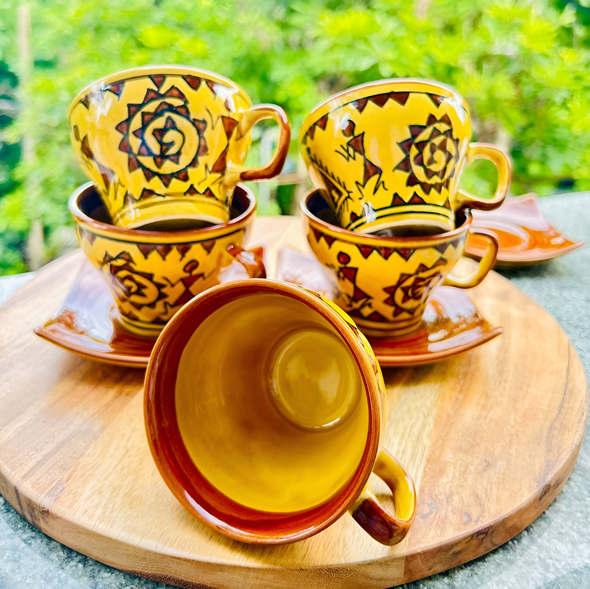 Warli Art Ceramic Tea/Coffee Cup Saucer Set (8 pieces)