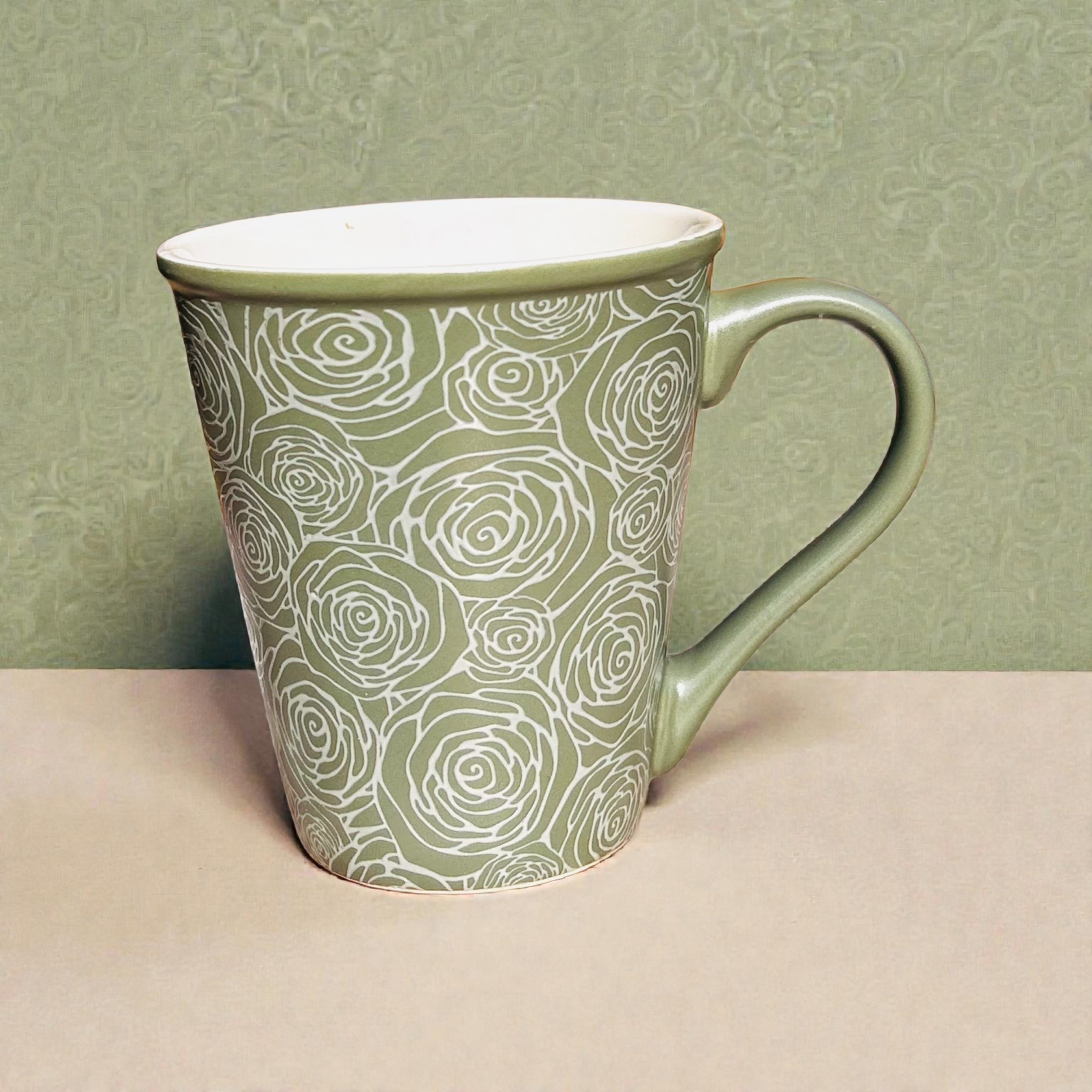 Verdant Rosette Royale Mug – Luxury Fine Porcelain Coffee & Tea Mug with Elegant Rose Pattern (1-Pc.)