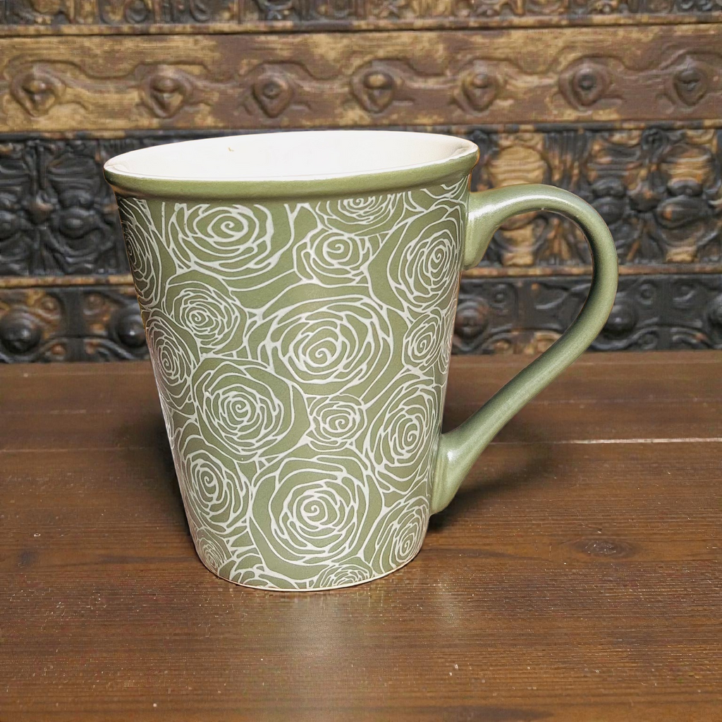 Verdant Rosette Royale Mug – Luxury Fine Porcelain Coffee & Tea Mug with Elegant Rose Pattern (1-Pc.)