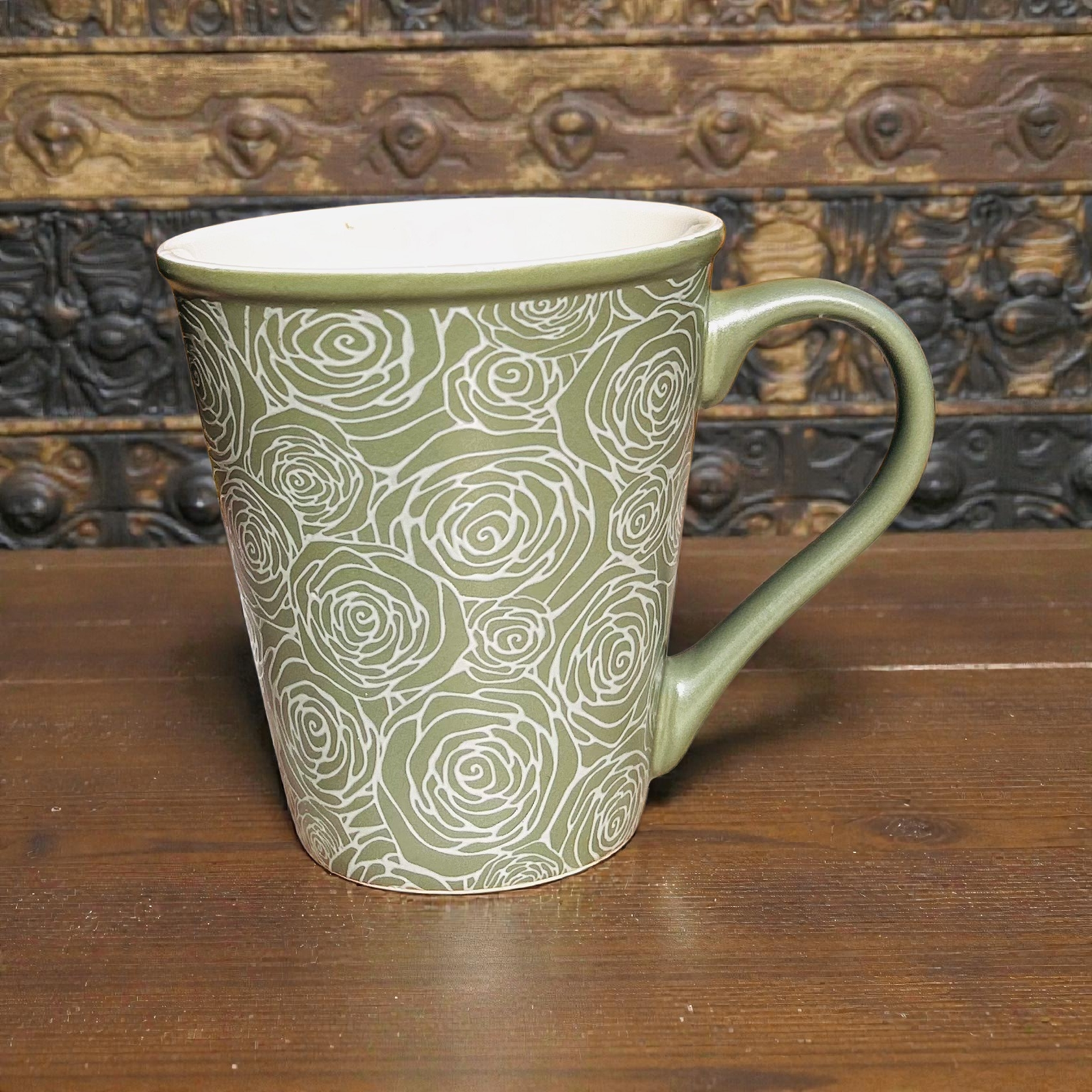 Verdant Rosette Royale Mug – Luxury Fine Porcelain Coffee & Tea Mug with Elegant Rose Pattern (1-Pc.)