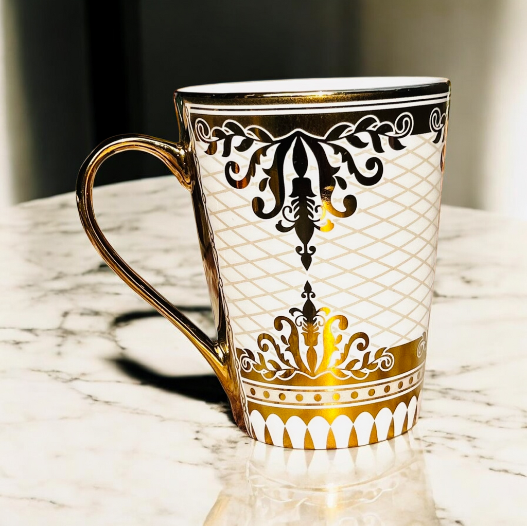 Zar-e-Zar Palace Mug – Luxury White Premium Porcelain Mug with Ornate Gold Detailing (2-Pc.)