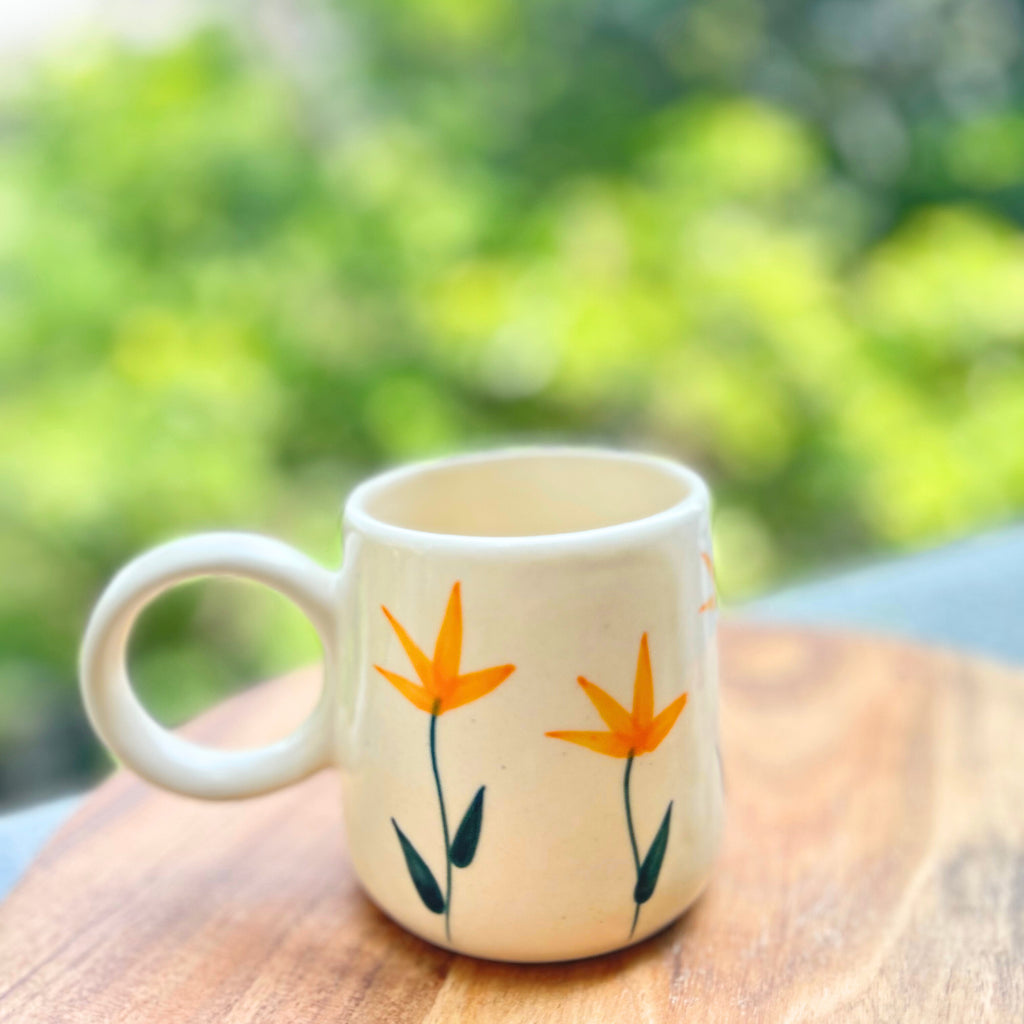 Cream with Yellow-Red Handpainted Flower Design Coffee mug (Set of 2)