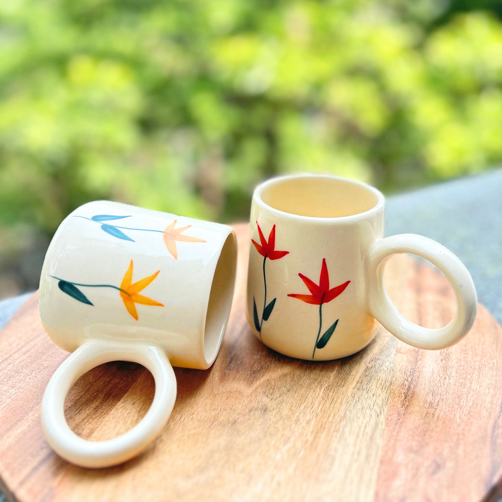 Cream with Yellow-Red Handpainted Flower Design Coffee mug (Set of 2)