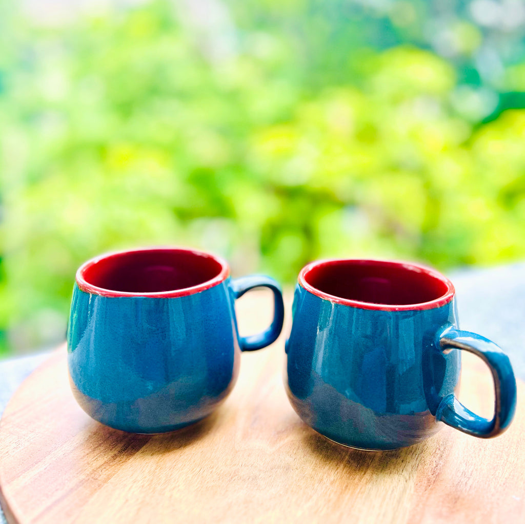 Blue Exterior & Red Interior Oval shaped glossy Coffee/Tea Mug