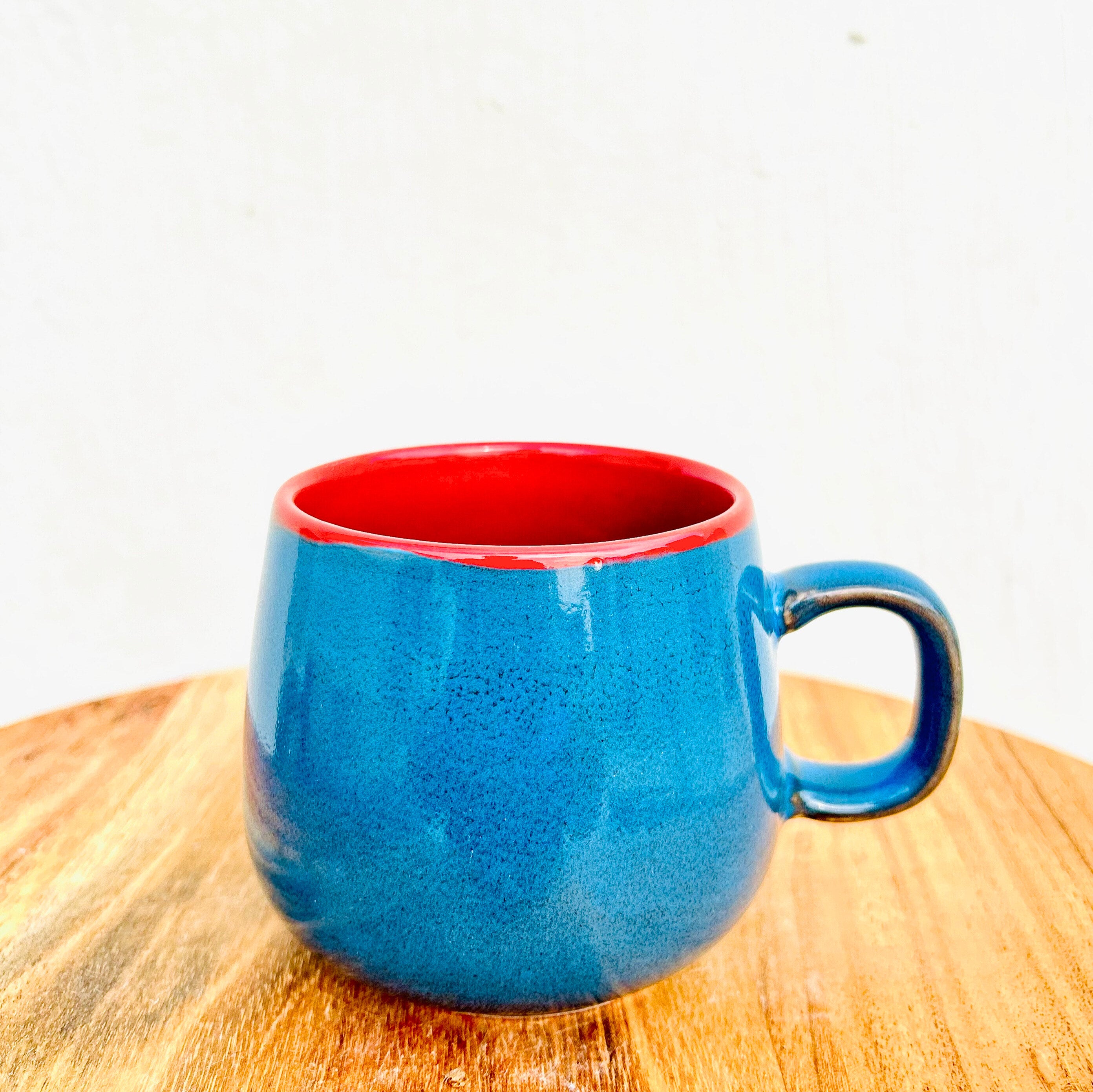 Blue Exterior & Red Interior Oval shaped glossy Coffee/Tea Mug