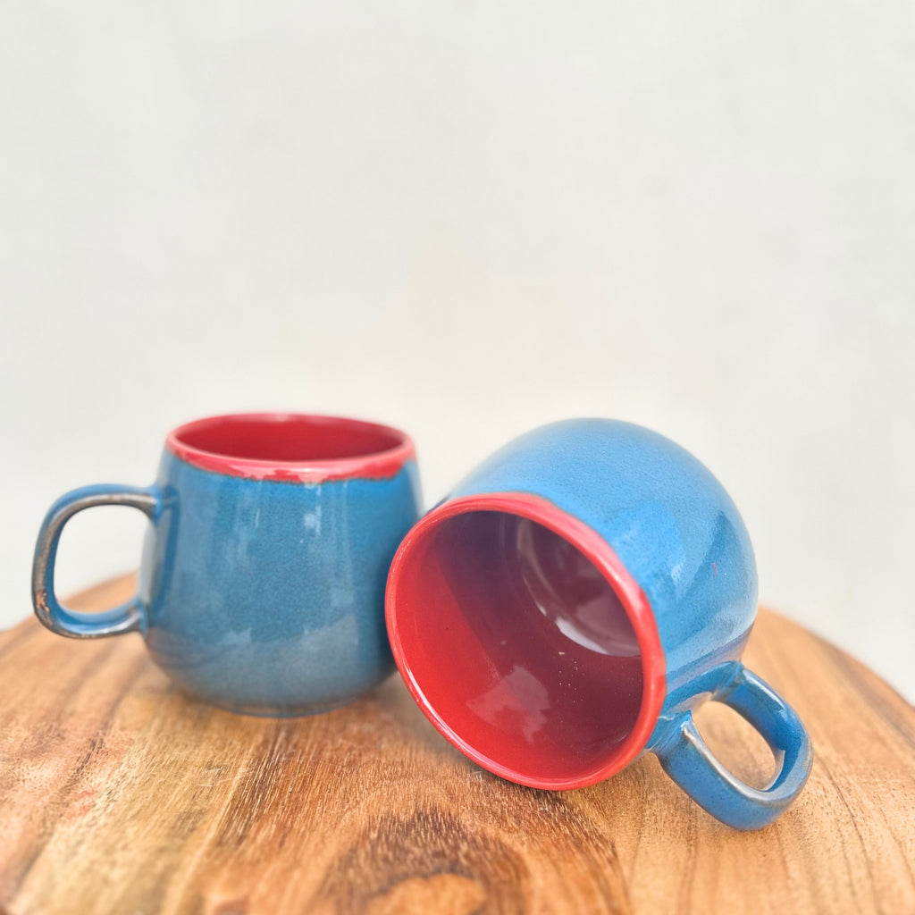 Blue Exterior & Red Interior Oval shaped glossy Coffee/Tea Mug