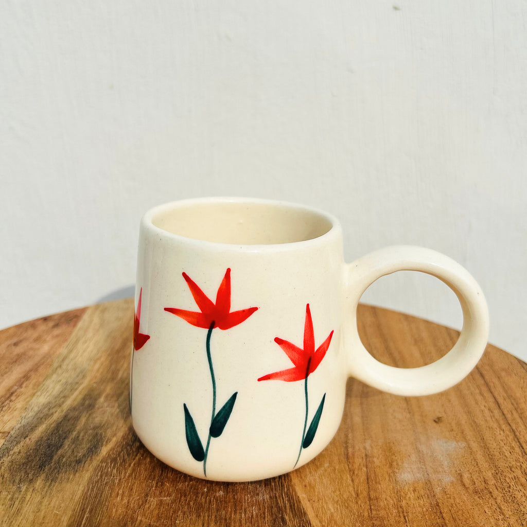 Cream with Yellow-Red Handpainted Flower Design Coffee mug (Set of 2)