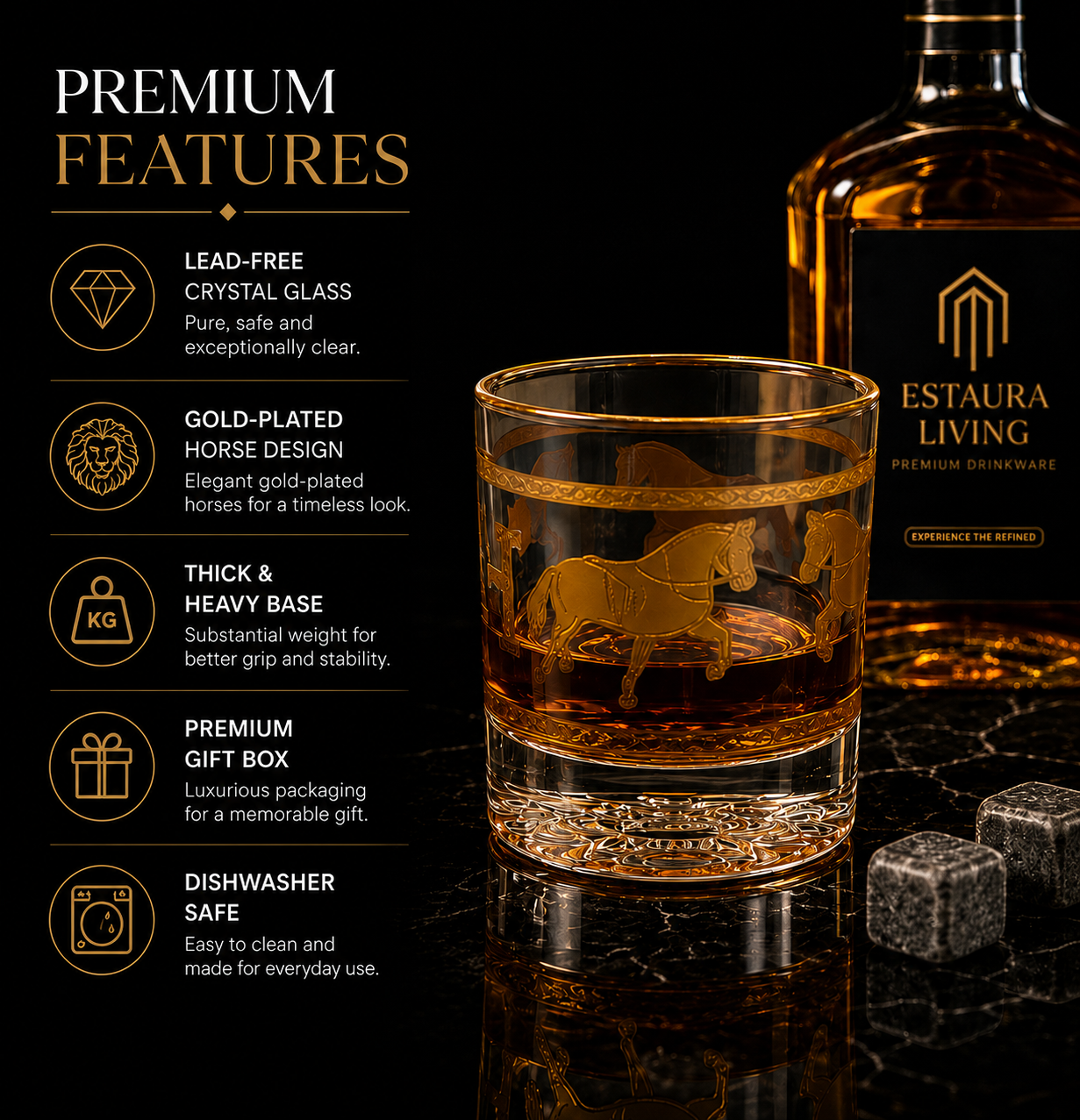 Royal Sovereign 24K Gold Swarovski Crystal Whisky Glass Set (2 Pieces)-Turkey Crystalite collection