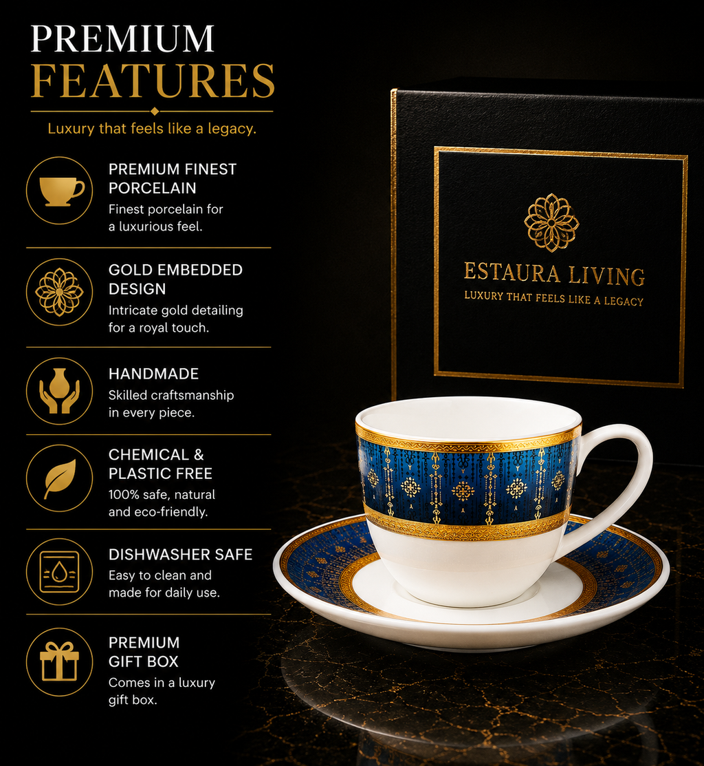 Royal Sapphire Gold Heritage Tea Set (12 Pieces) - Finest Premium Porcelain, Totally Chemical Free, Designed in Japan