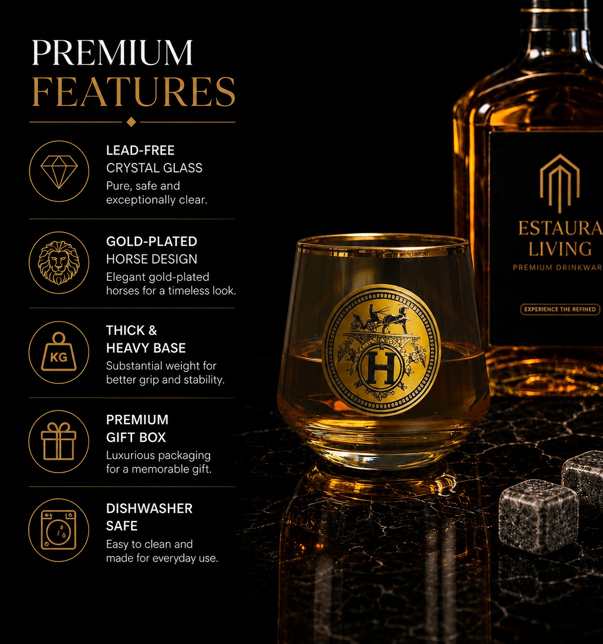 Sovereign 24K Gold Swarovski Crystal Whisky Glass Set (2 Pieces)-Turkey Crystalite collection