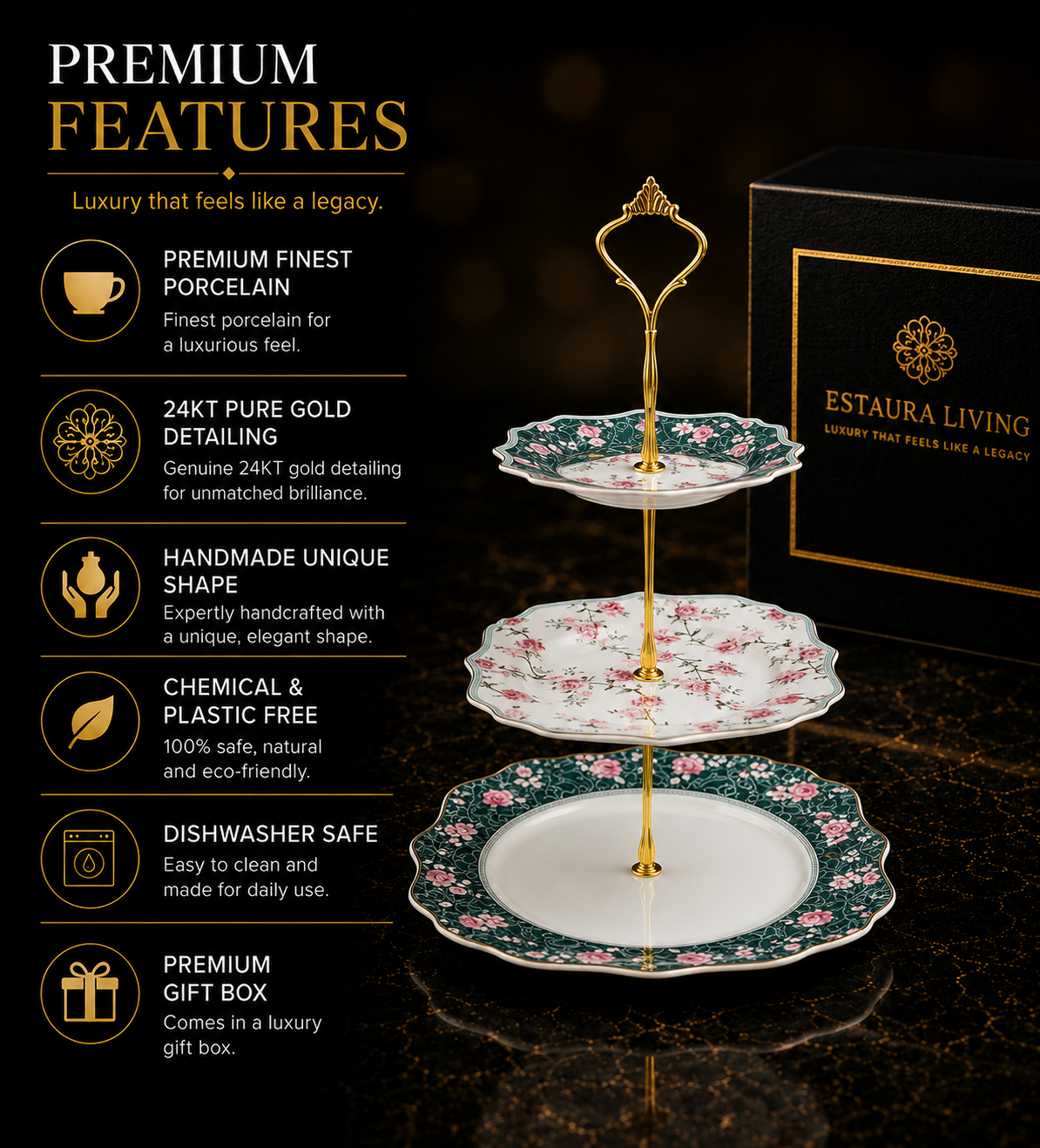 Mayfair Green 3-Tier Dessert Stand (Vintage Collection, Finest Premium Porcelain, Gift Packaging)
