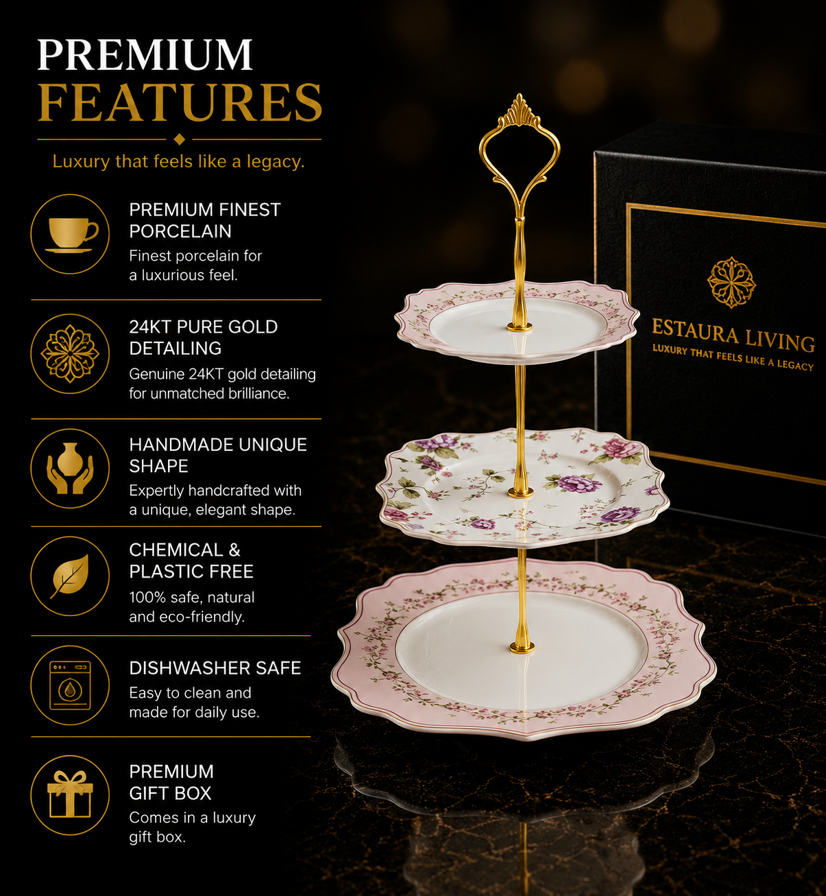 Regency Rose Garden 3-Tier Dessert Stand (Vintage Collection, Finest Premium Porcelain, Gift Packaging)
