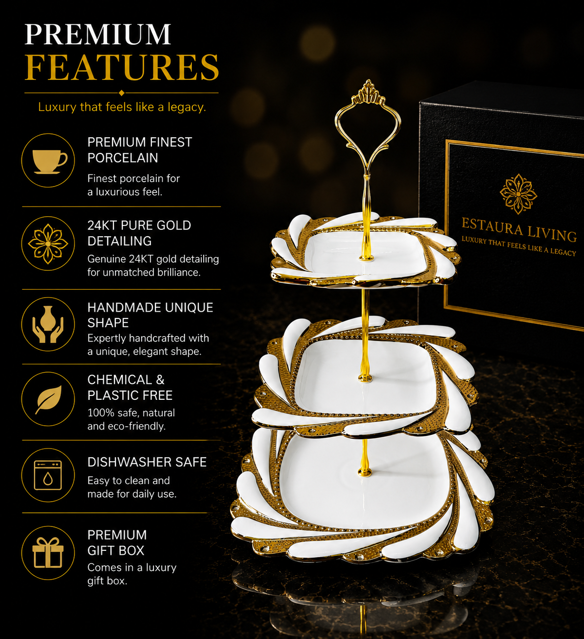 Ivory Royal Gold 3-Tier Dessert Stand (Vintage Collection, Finest Premium Porcelain, Gift Packaging)