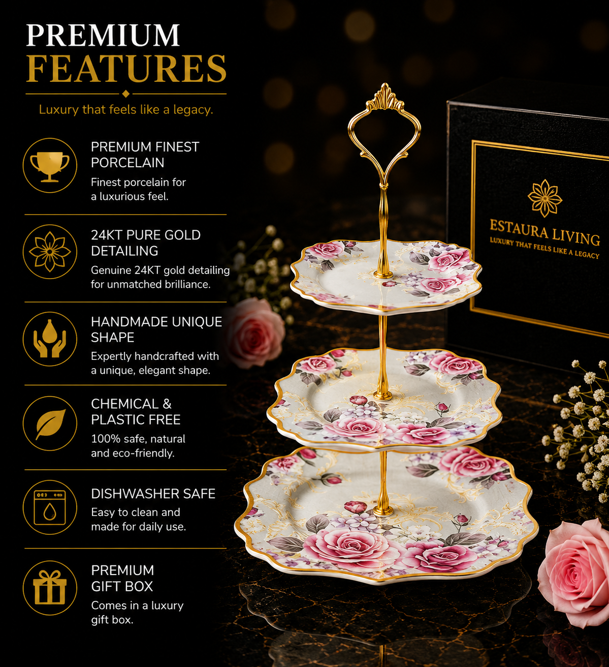Maison de Fleur 3-Tier Dessert Stand (Vintage Collection, Finest Premium Porcelain, Gift Packaging)