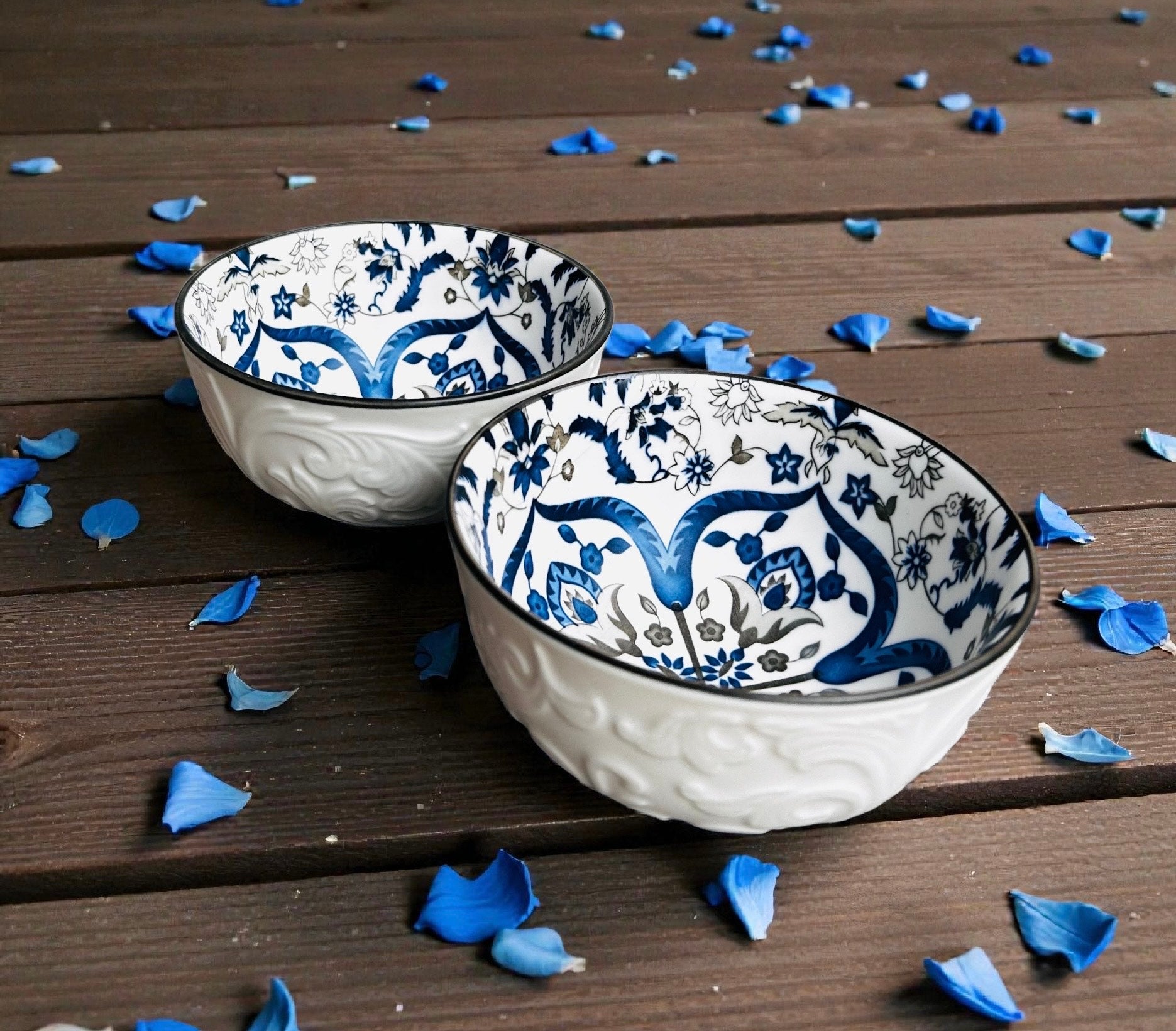 Indigo Medallion Porcelain Handled Platter & Bowl Set (Set of 4)