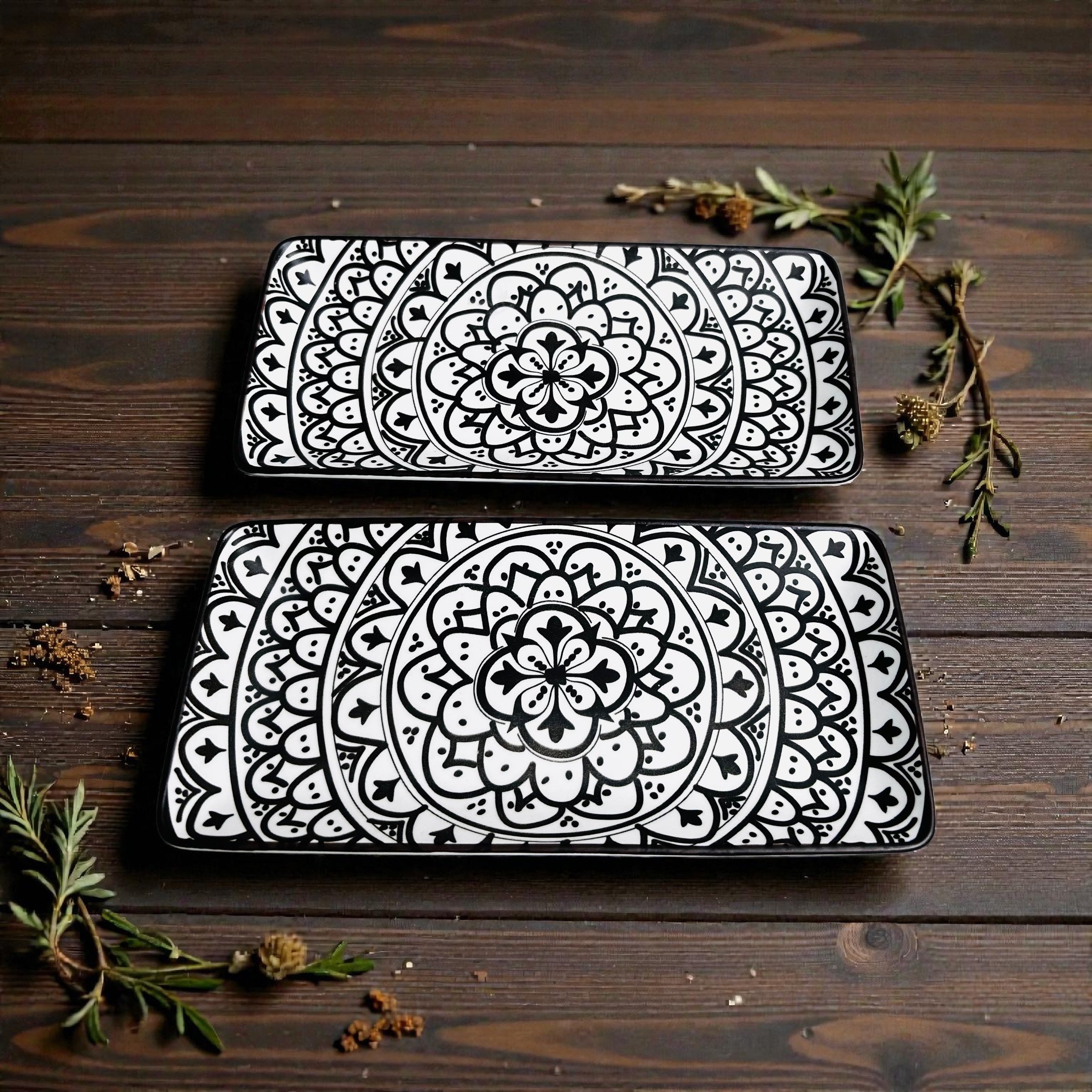 Sacred Mandala Rectangular Porcelain Platter Set - Brown & Ivory (Set of 2)