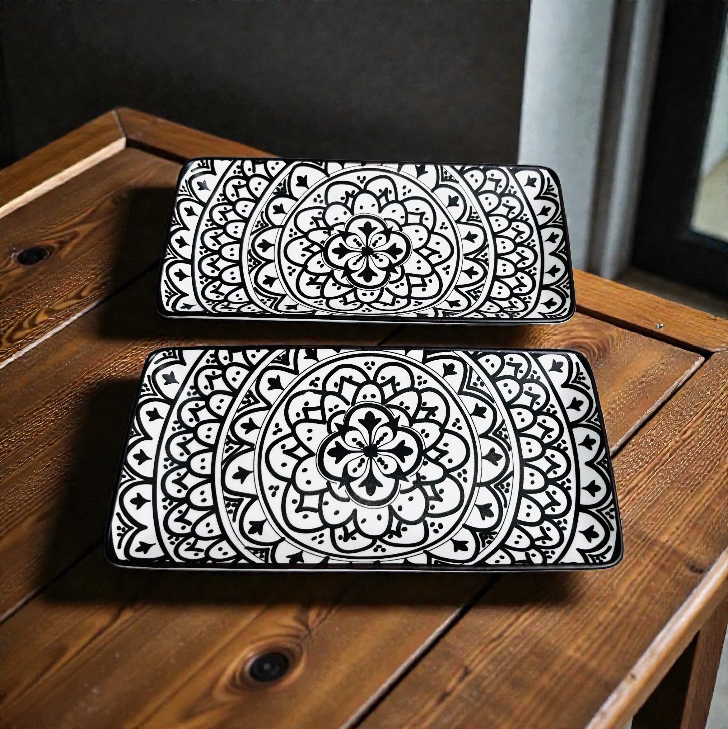 Sacred Mandala Rectangular Porcelain Platter Set - Brown & Ivory (Set of 2)