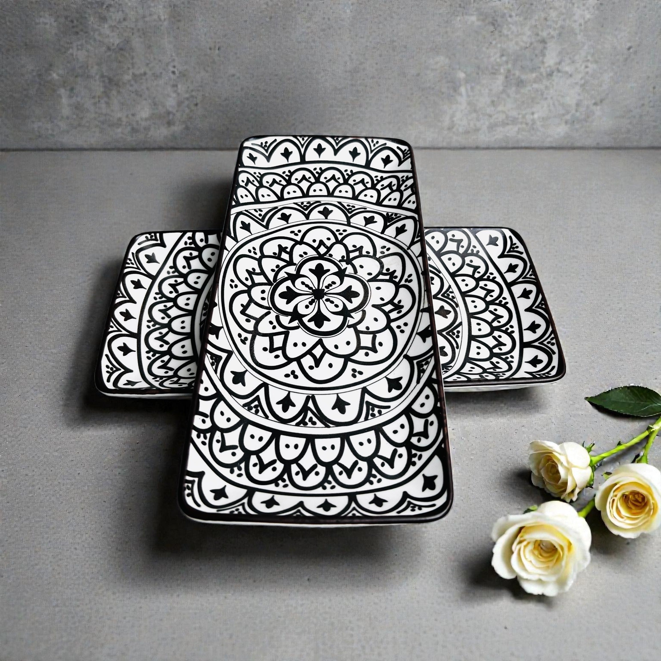 Sacred Mandala Rectangular Porcelain Platter Set - Brown & Ivory (Set of 2)