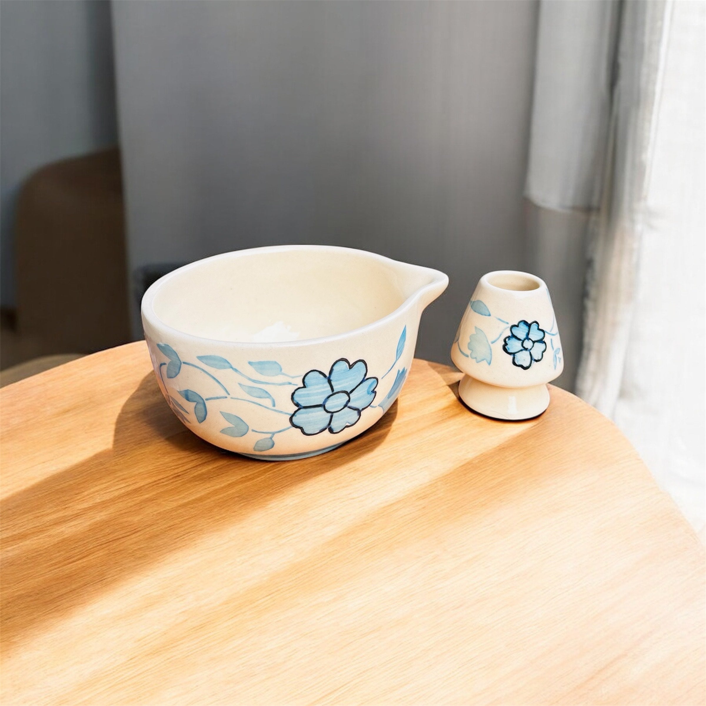 Blue Blossom Ceramic Matcha Set (Bowl + Whisk Holder) - Premium Ceramic & 100% Chemical Free