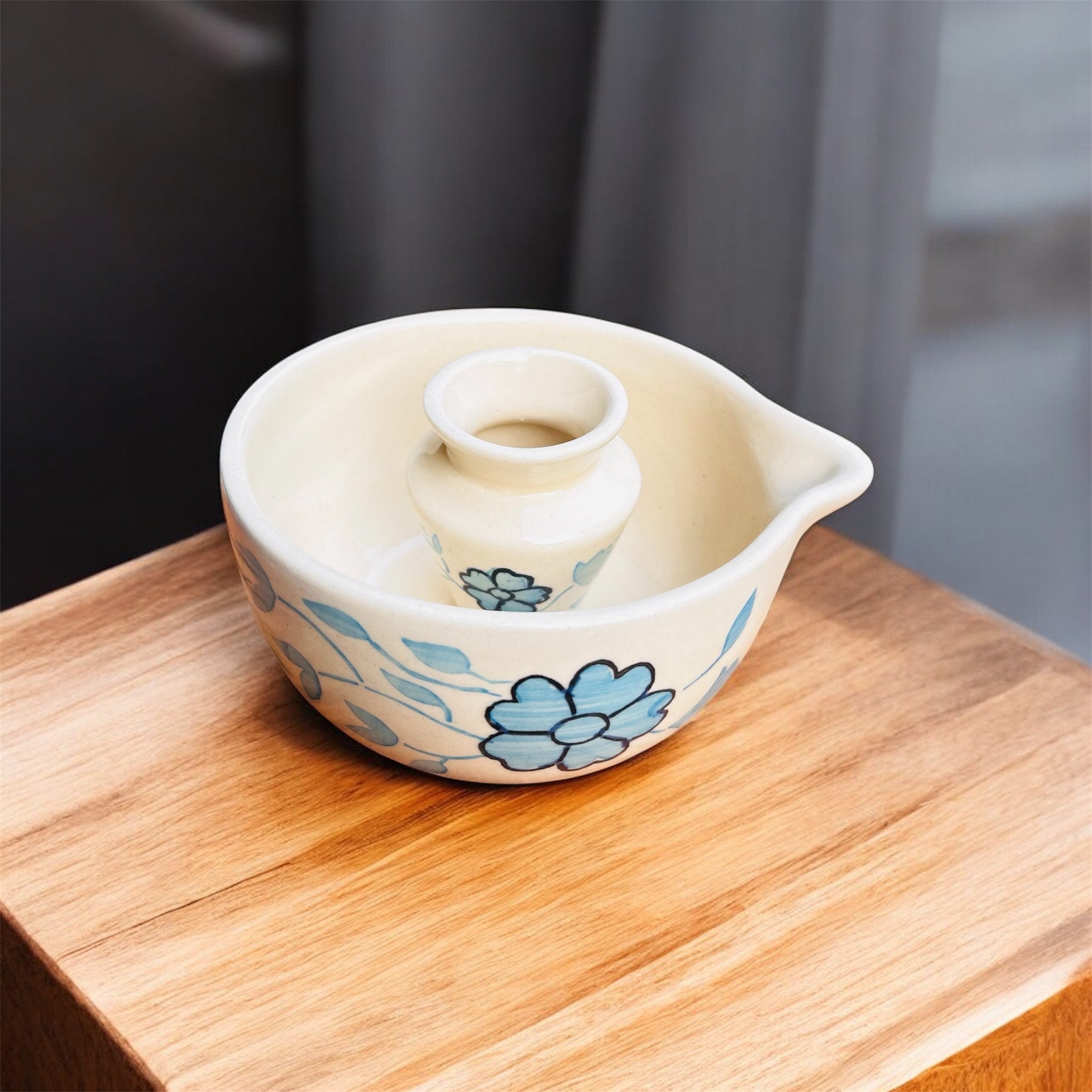 Blue Blossom Ceramic Matcha Set (Bowl + Whisk Holder) - Premium Ceramic & 100% Chemical Free