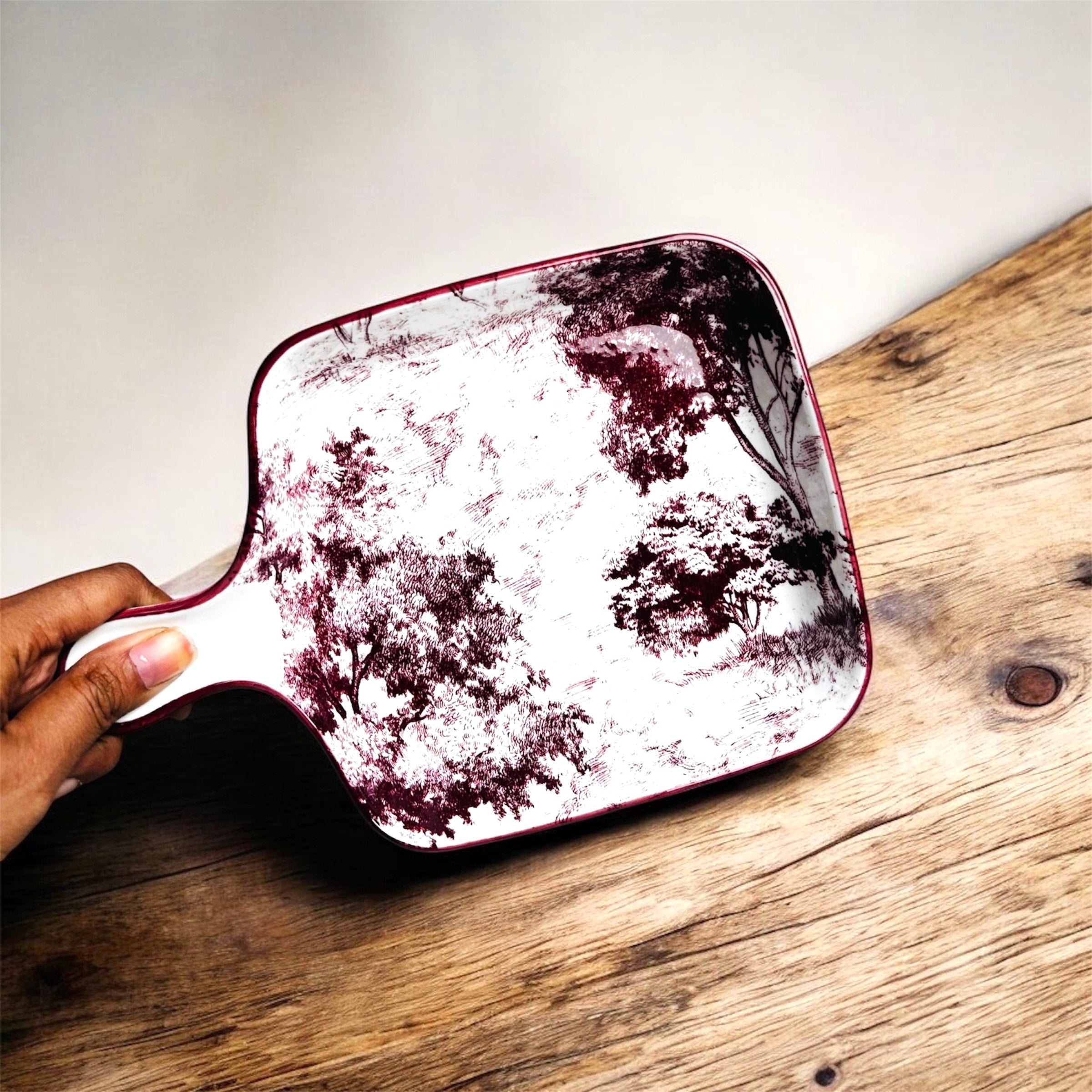 Forest Sketch Porcelain Serving Platter with Handle – Decorative Ceramic Serving Tray