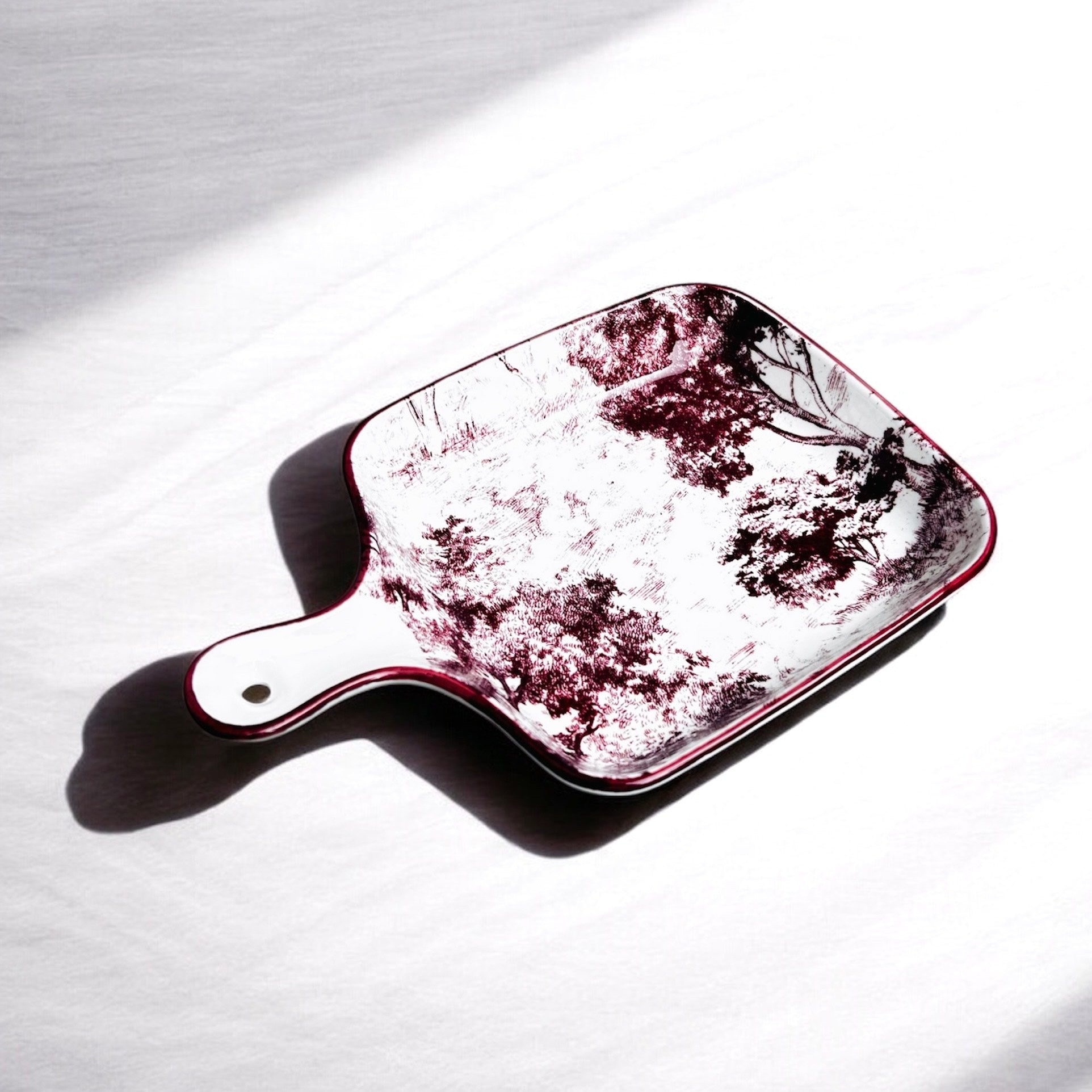 Forest Sketch Porcelain Serving Platter with Handle – Decorative Ceramic Serving Tray