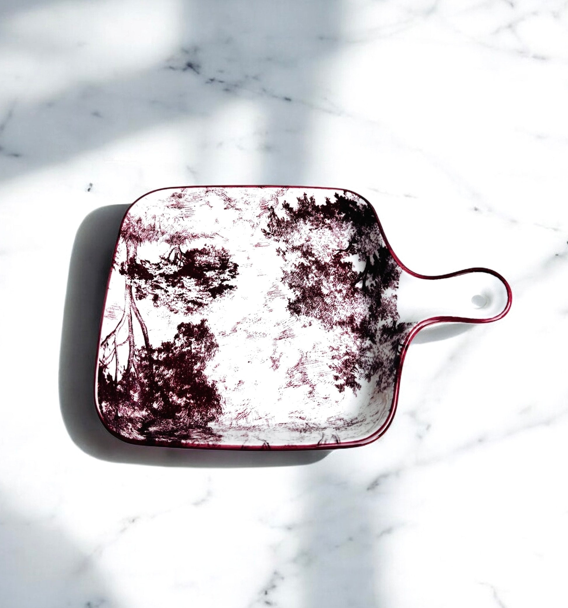 Forest Sketch Porcelain Serving Platter with Handle – Decorative Ceramic Serving Tray