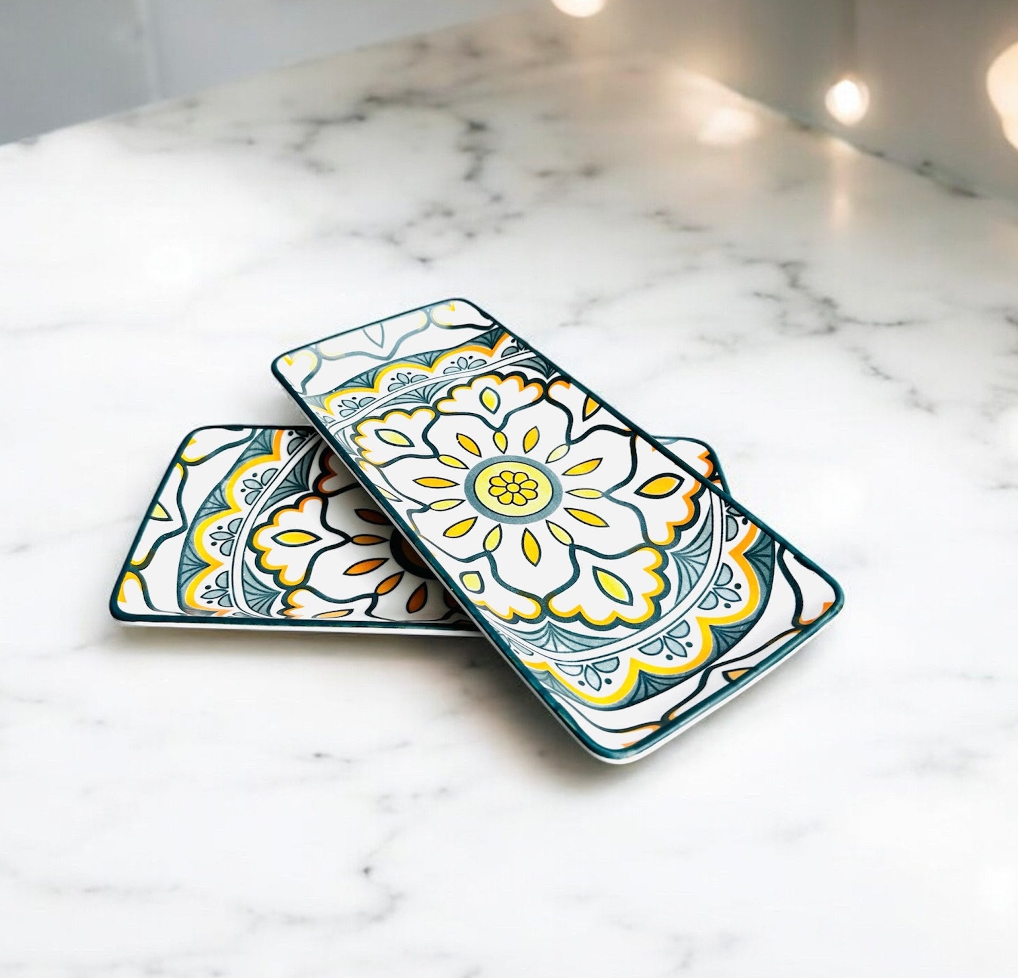 Sunburst Floral Porcelain Serving Platter Set of 2 – Rectangular Ceramic Snack & Appetizer Plates