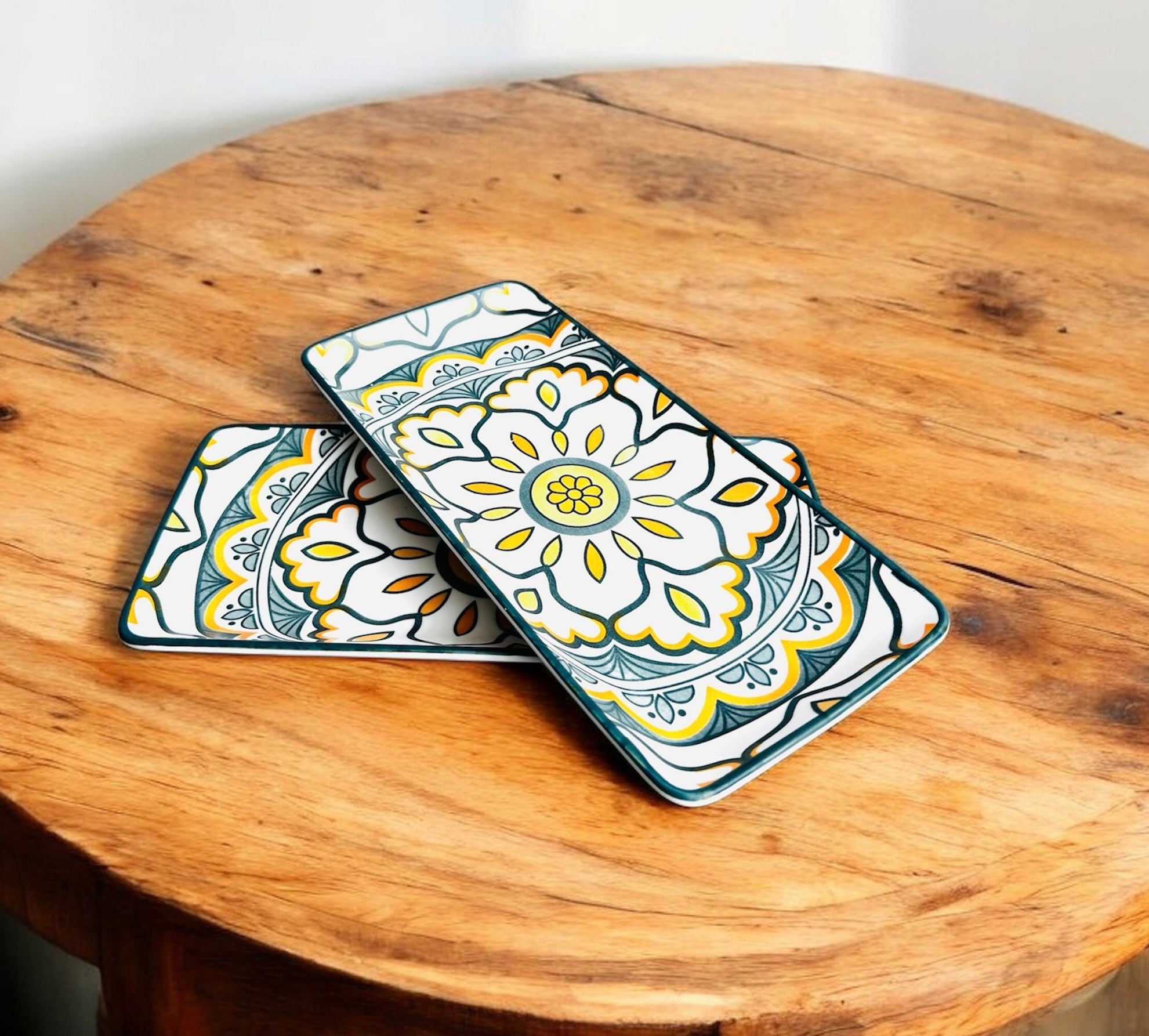 Sunburst Floral Porcelain Serving Platter Set of 2 – Rectangular Ceramic Snack & Appetizer Plates