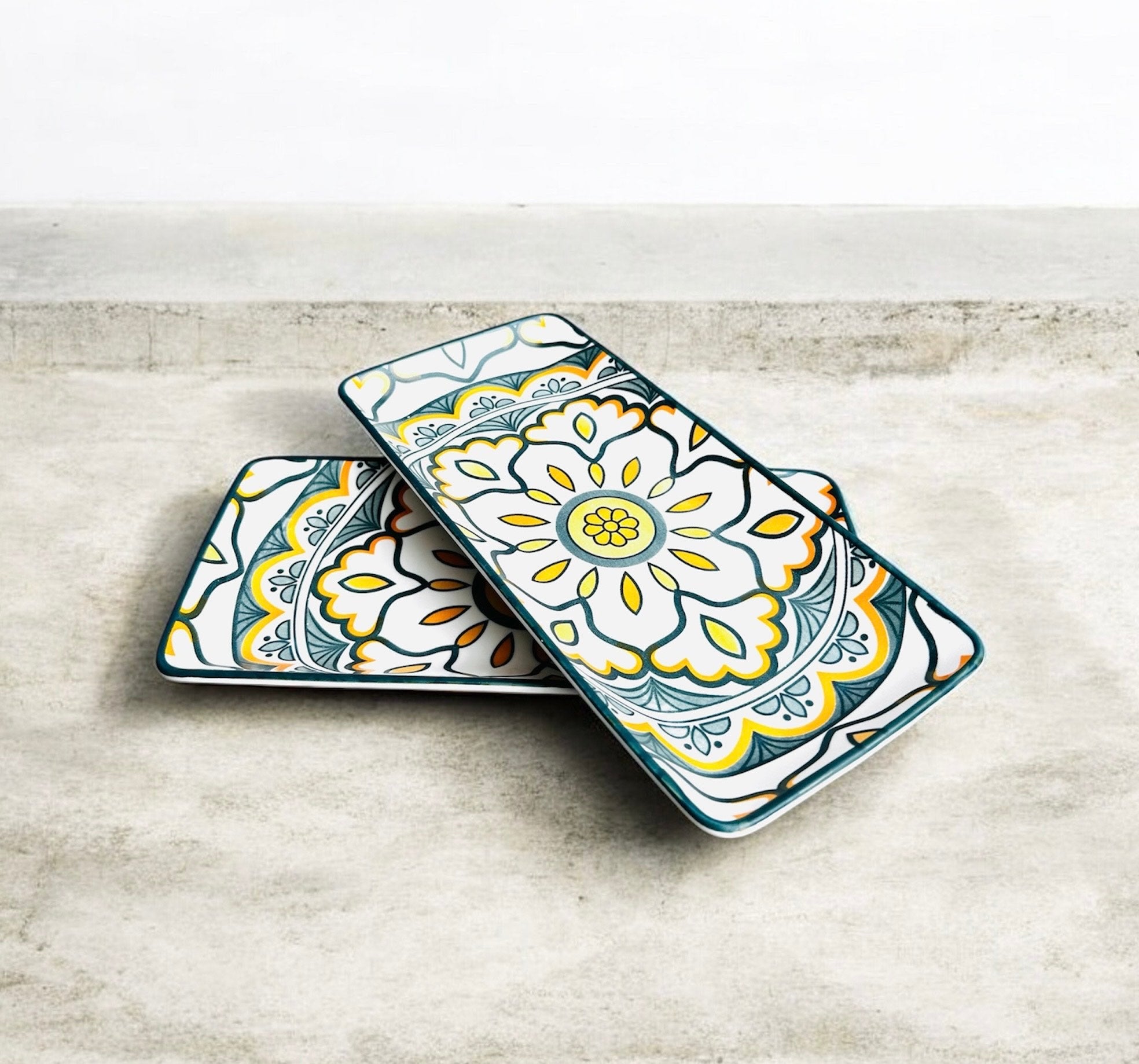 Sunburst Floral Porcelain Serving Platter Set of 2 – Rectangular Ceramic Snack & Appetizer Plates