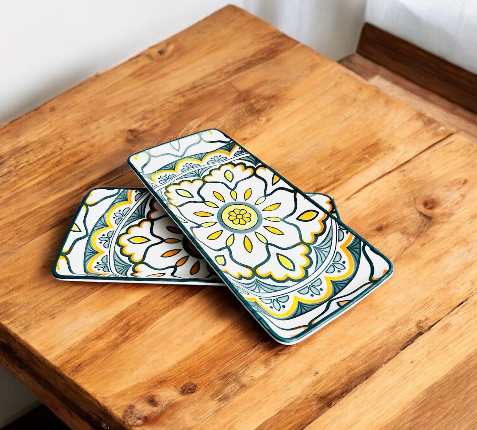 Sunburst Floral Porcelain Serving Platter Set of 2 – Rectangular Ceramic Snack & Appetizer Plates