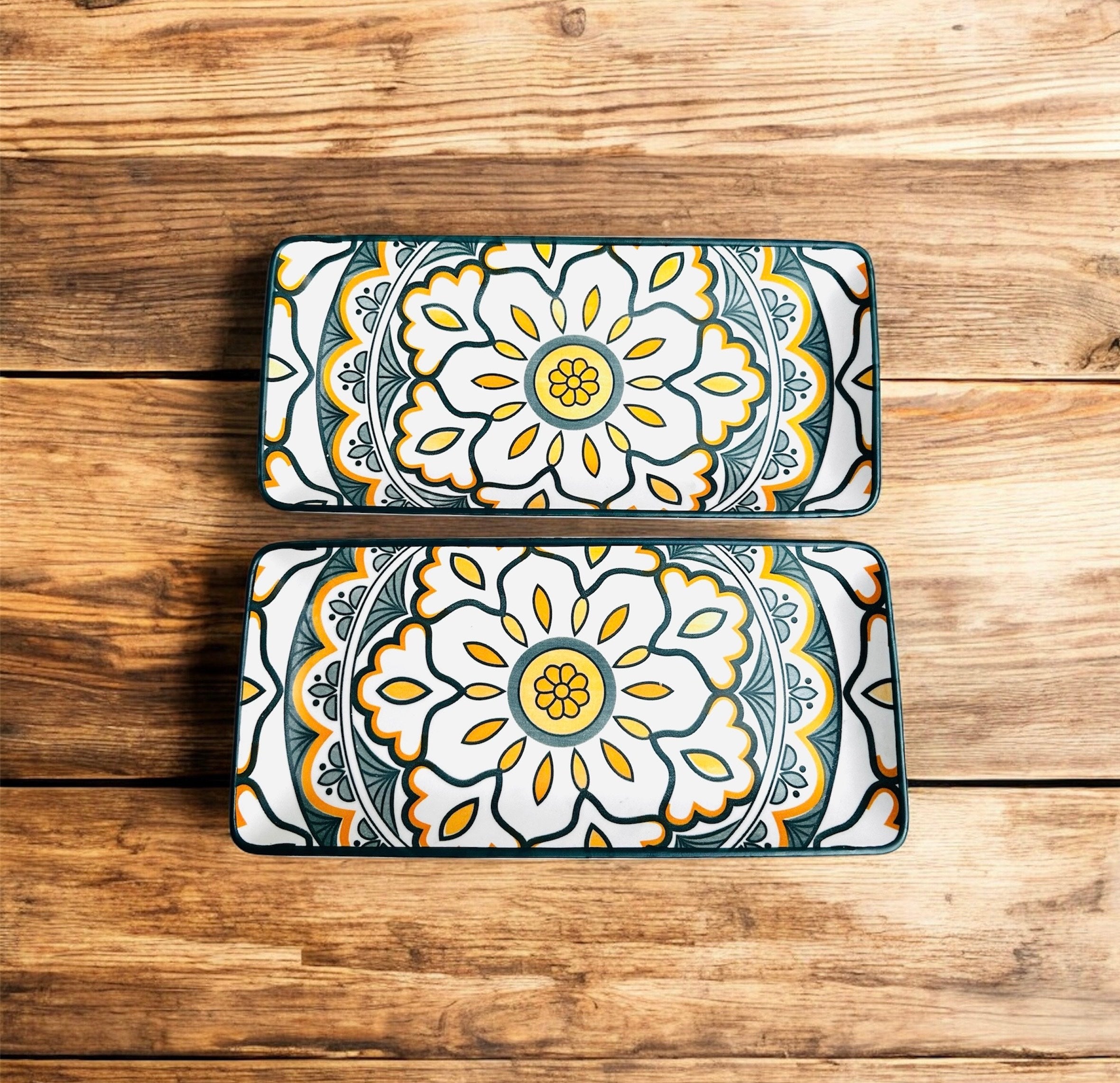 Sunburst Floral Porcelain Serving Platter Set of 2 – Rectangular Ceramic Snack & Appetizer Plates
