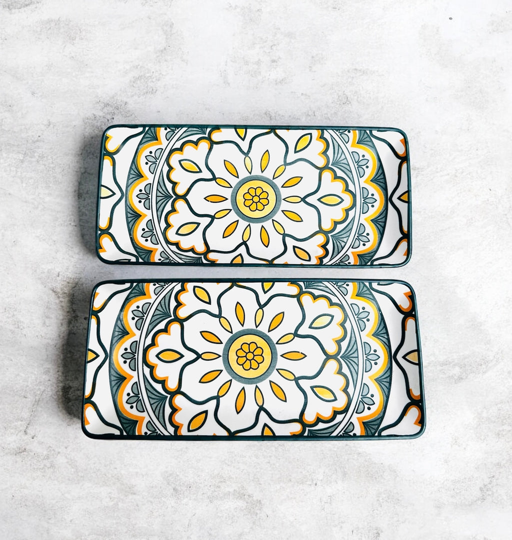 Sunburst Floral Porcelain Serving Platter Set of 2 – Rectangular Ceramic Snack & Appetizer Plates