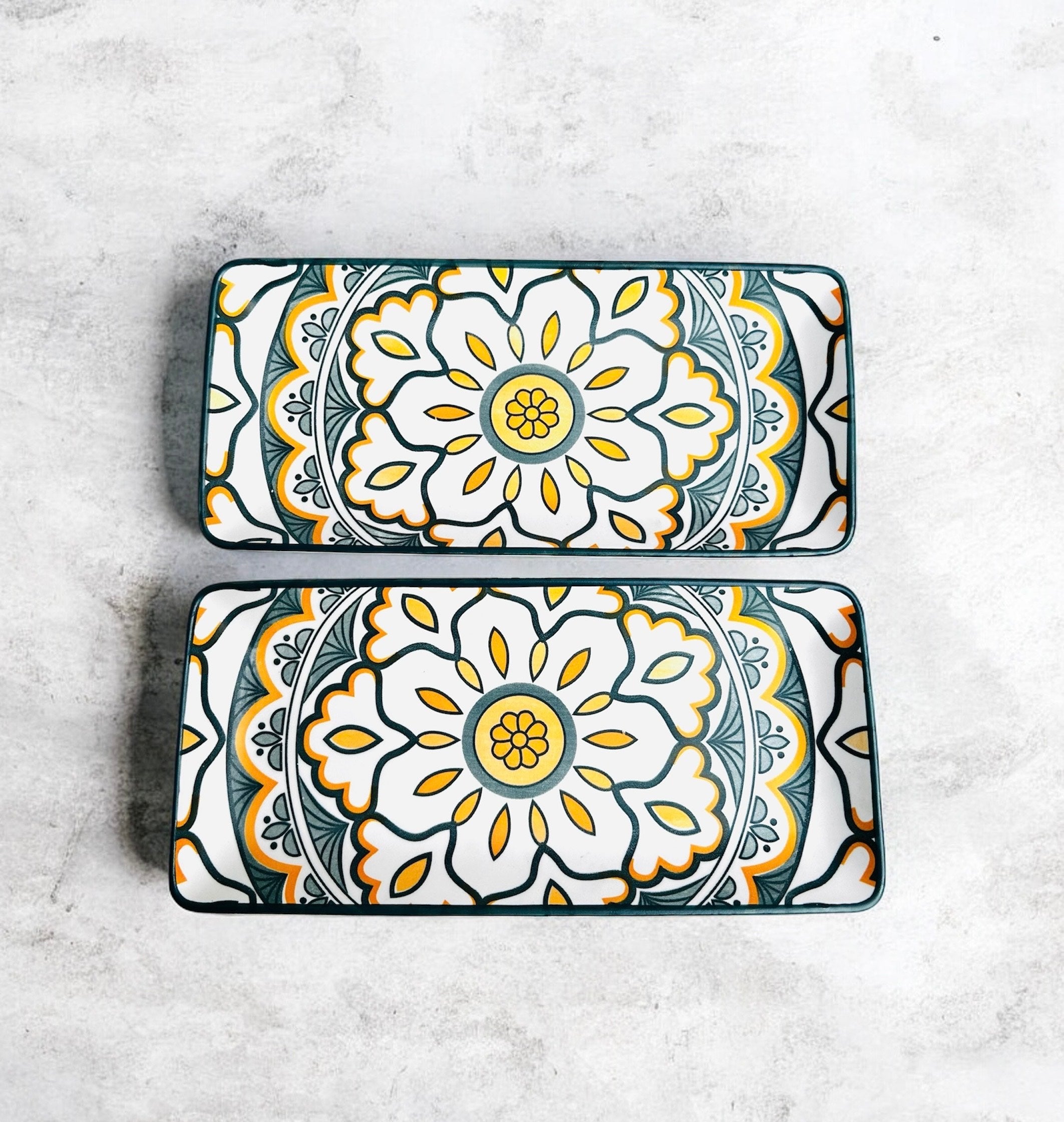 Sunburst Floral Porcelain Serving Platter Set of 2 – Rectangular Ceramic Snack & Appetizer Plates