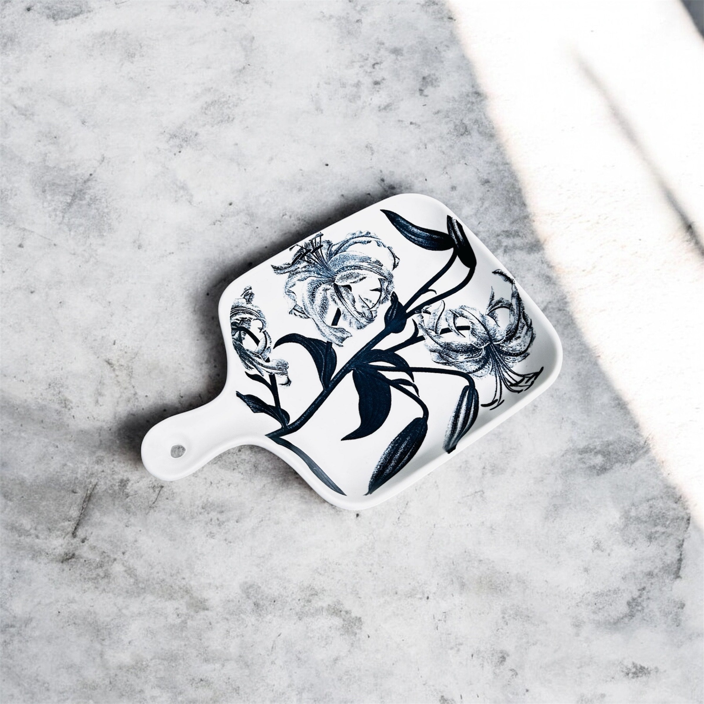 Black Lily Porcelain Serving Platter with Handle – Floral Ceramic Serving Tray