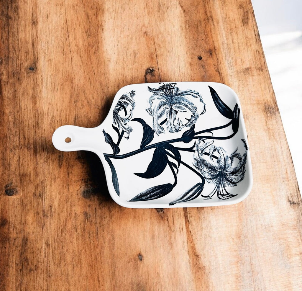 Black Lily Porcelain Serving Platter with Handle – Floral Ceramic Serving Tray