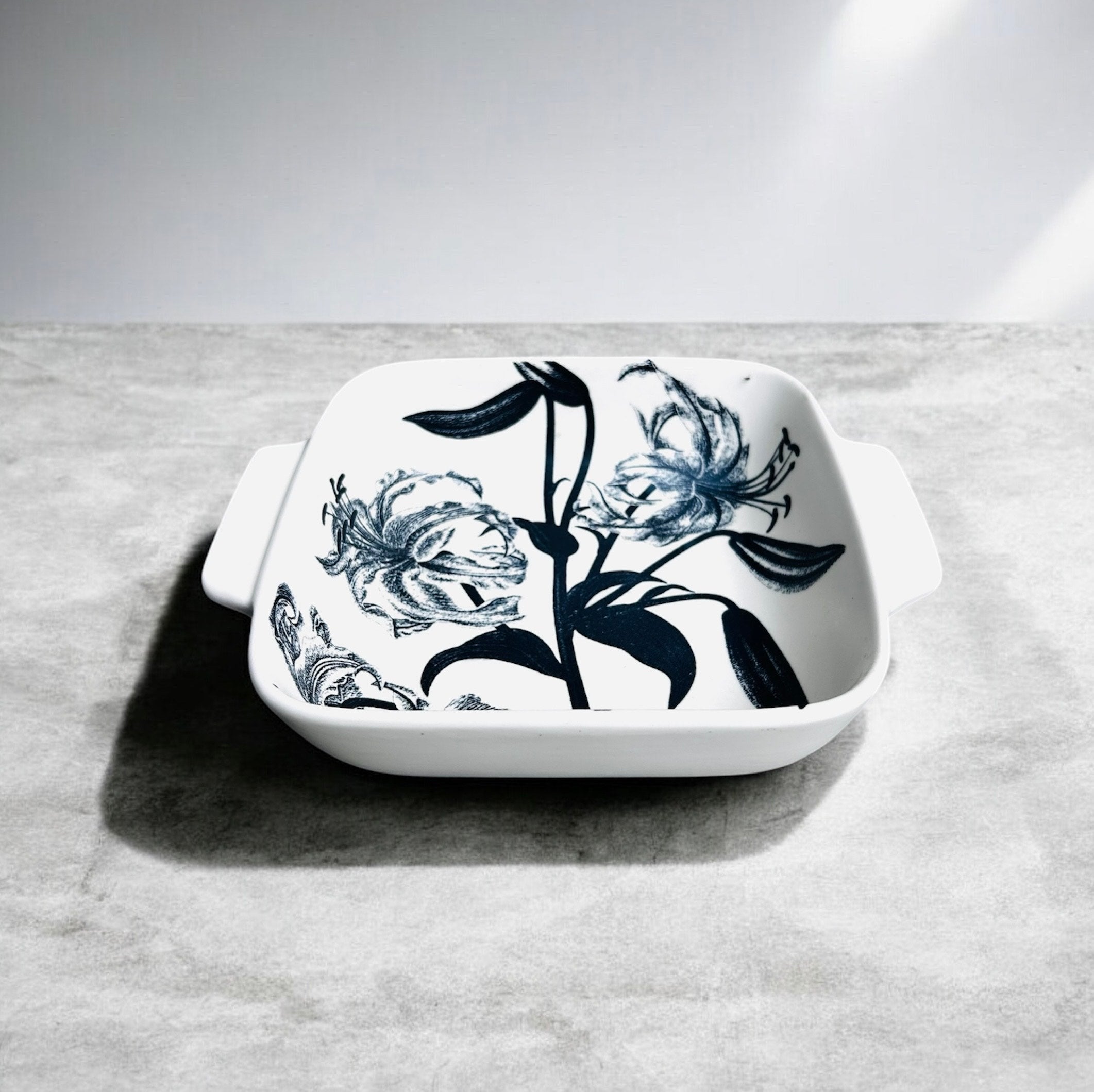 Black Lily Porcelain Serving & Baking Dish with Handles – Floral Ceramic Oven Dish (Multipurpose big size)