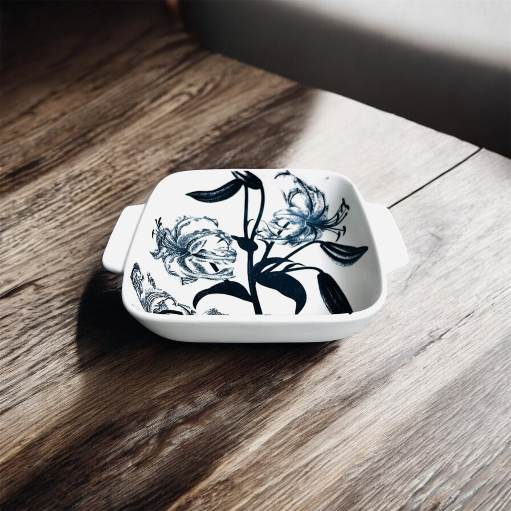 Black Lily Porcelain Serving & Baking Dish with Handles – Floral Ceramic Oven Dish (Multipurpose big size)