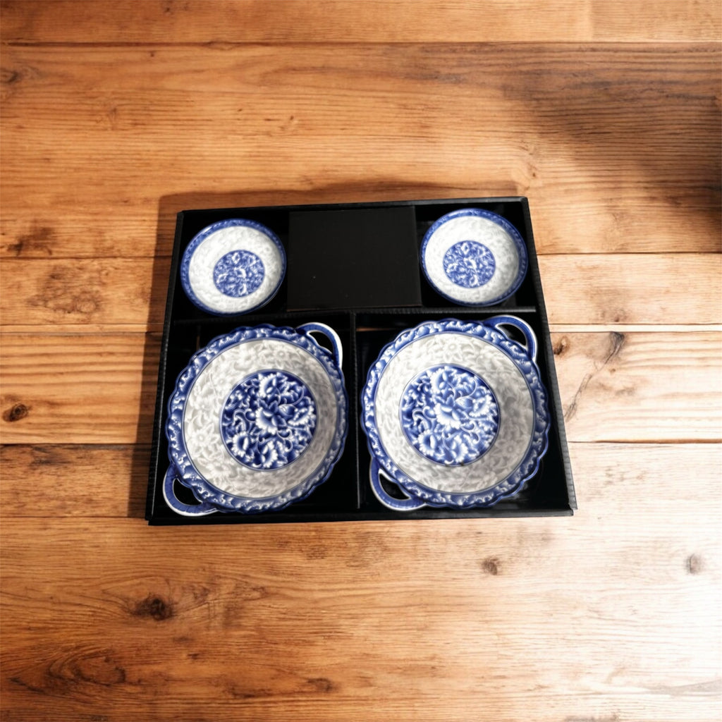 Blue Royale Floral Porcelain Platter & Dip Bowl Set (Set of 4)