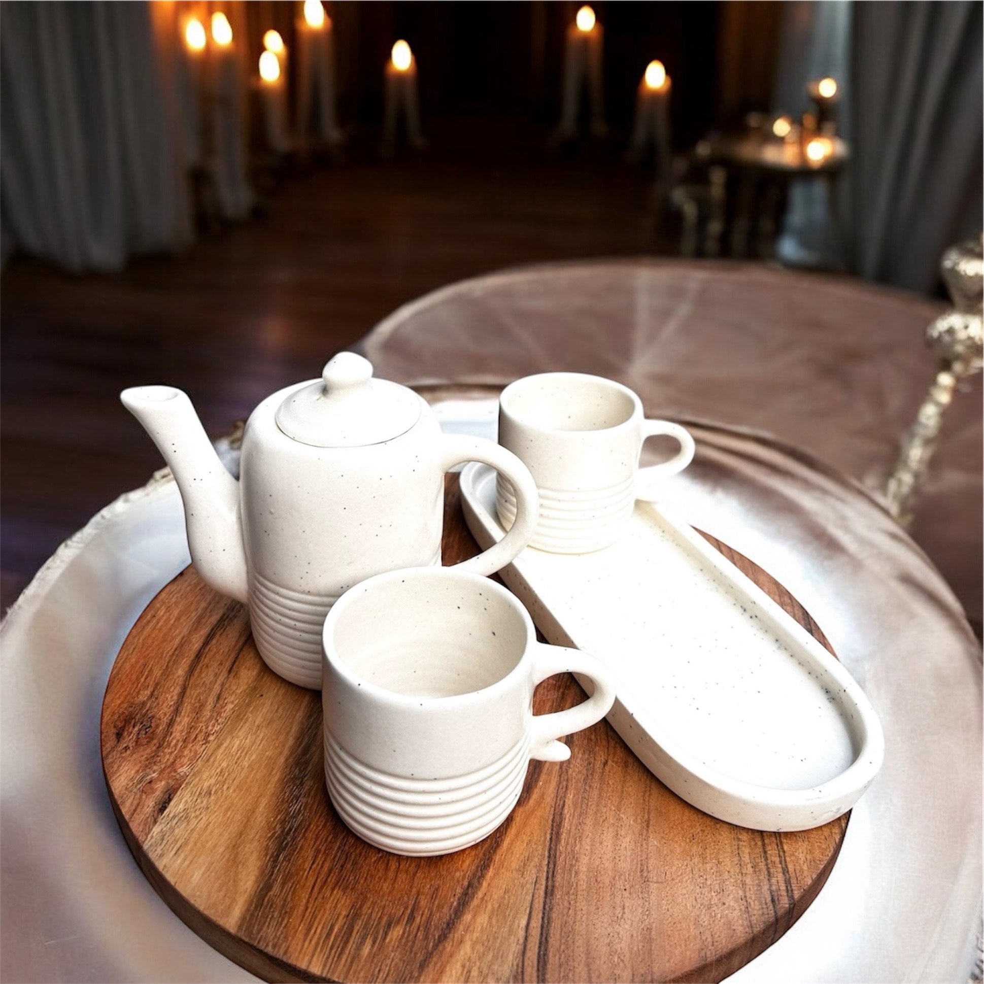 Ivory Ribbed Stoneware Couples Tea/Coffee Set (Teapot + 2 Cups + Tray) | 100% Chemical Free, Microwave Safe, Dishwasher Safe
