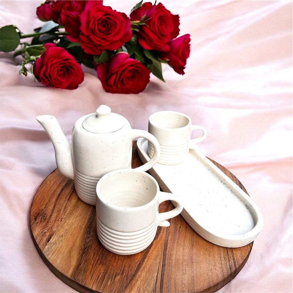 Ivory Ribbed Stoneware Couples Tea/Coffee Set (Teapot + 2 Cups + Tray) | 100% Chemical Free, Microwave Safe, Dishwasher Safe