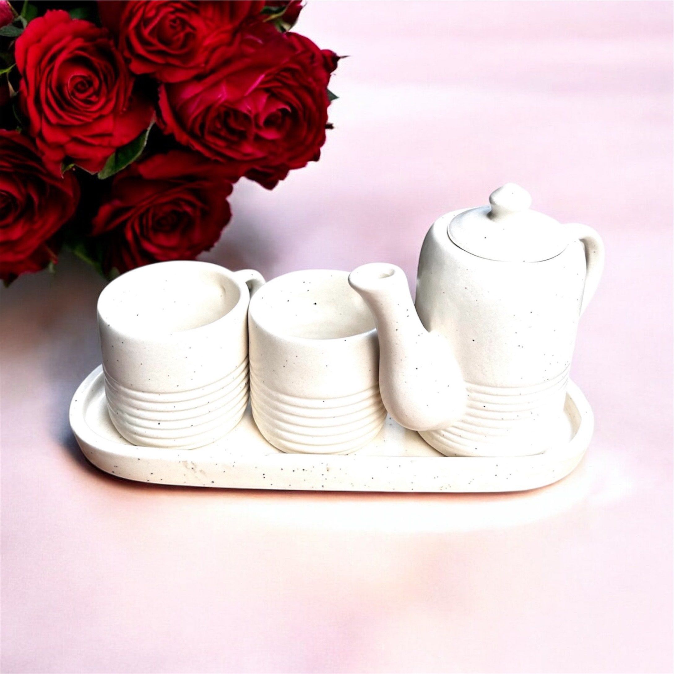 Ivory Ribbed Stoneware Couples Tea/Coffee Set (Teapot + 2 Cups + Tray) | 100% Chemical Free, Microwave Safe, Dishwasher Safe