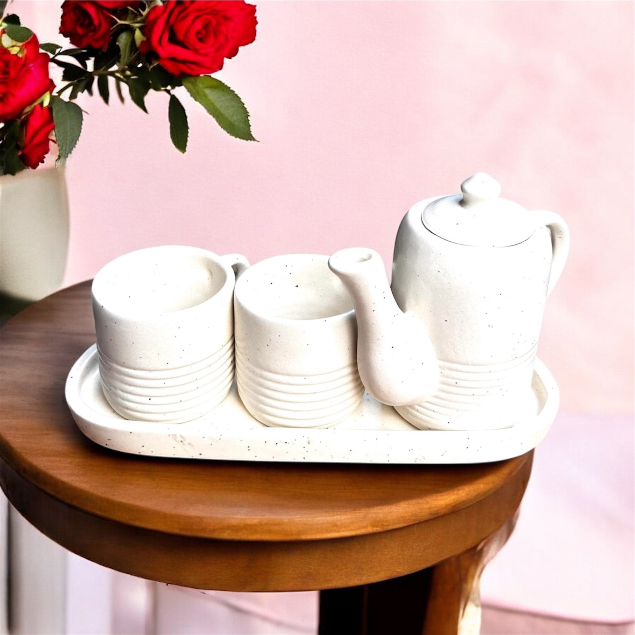 Ivory Ribbed Stoneware Couples Tea/Coffee Set (Teapot + 2 Cups + Tray) | 100% Chemical Free, Microwave Safe, Dishwasher Safe