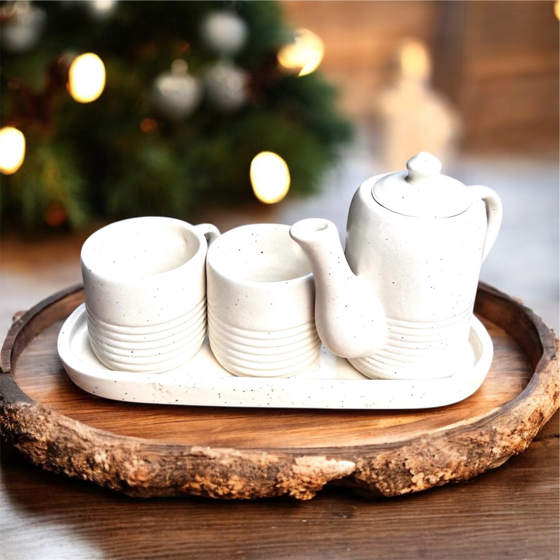 Ivory Ribbed Stoneware Couples Tea/Coffee Set (Teapot + 2 Cups + Tray) | 100% Chemical Free, Microwave Safe, Dishwasher Safe