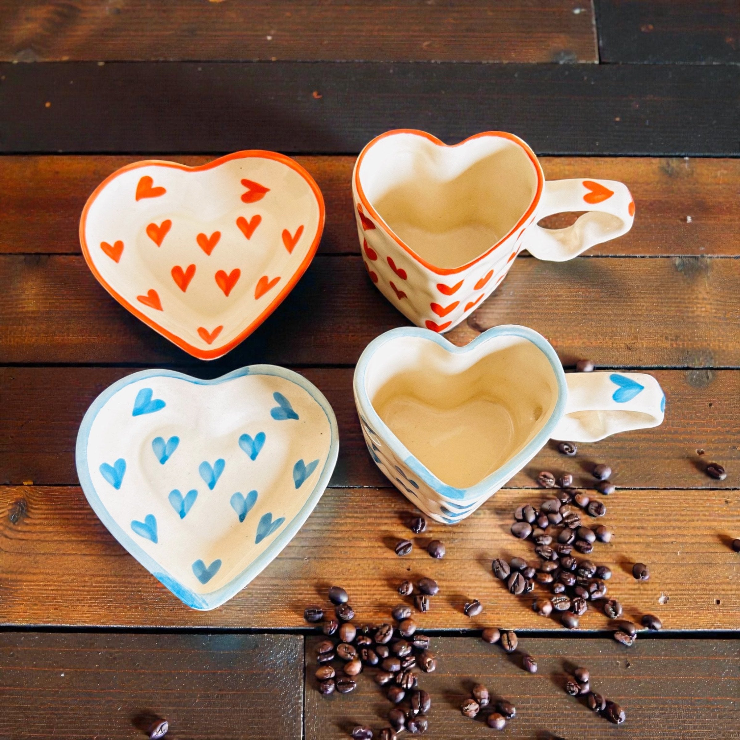 She Carries Love Mug (set of 3) - Red, Blue, Orange (100% Chemical Free, Handmade and Hand-Painted)